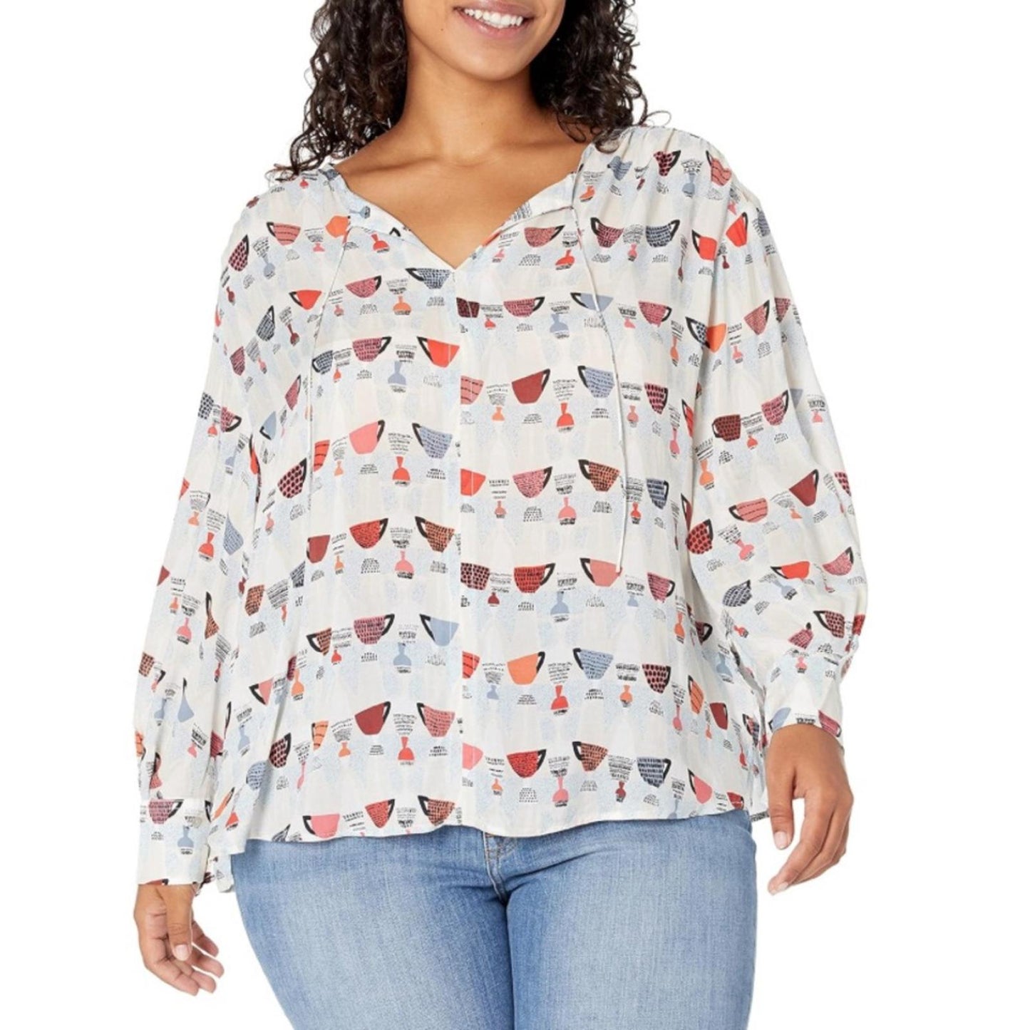NIC+ZOE Relaxed-fit Perk Up Coffee Cup Print Blouse, Size XL New w/Tag Retail
