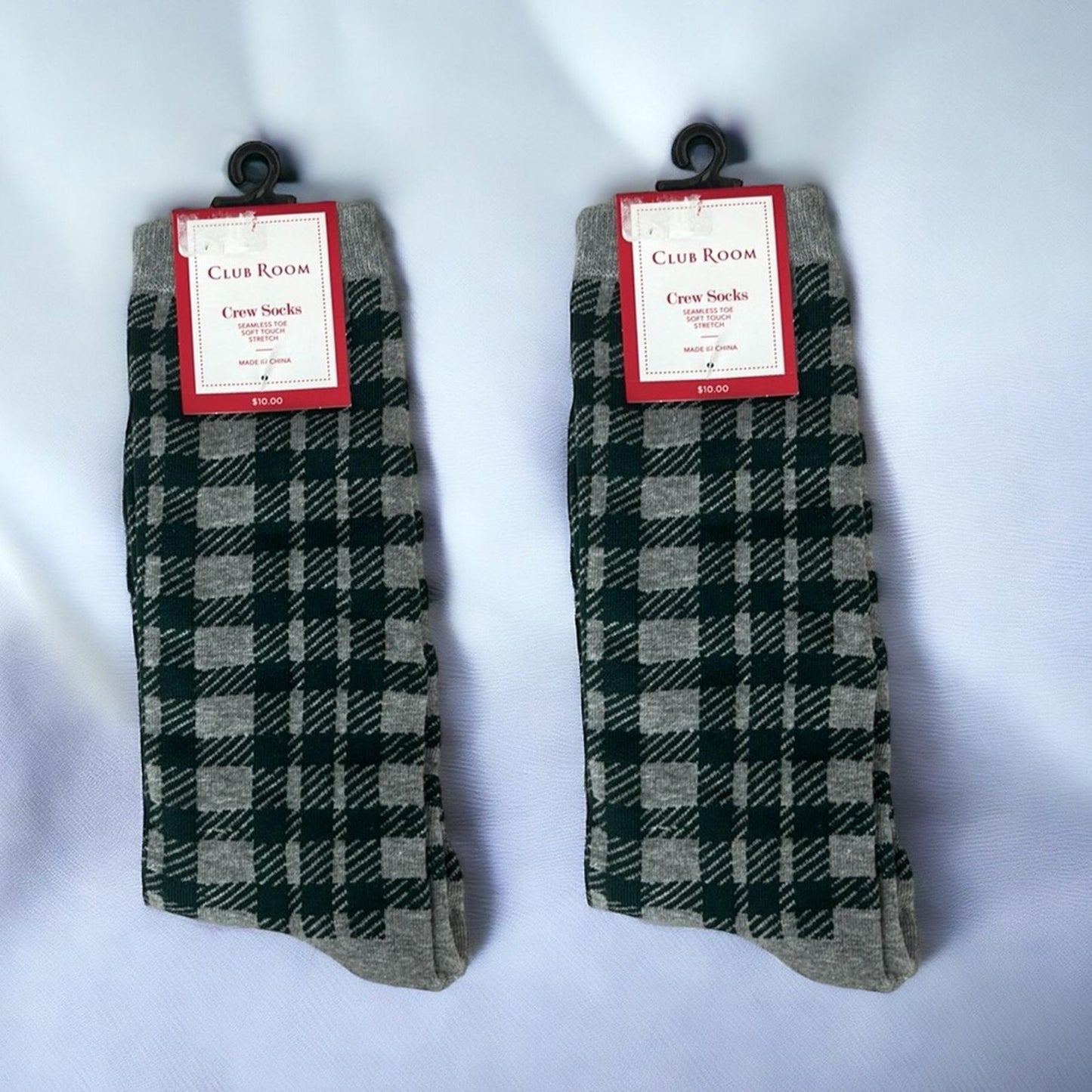 X2 Club Room Grey/Green Plaid Crew Socks, Soft Touch Stretch One Size New w/Tag
