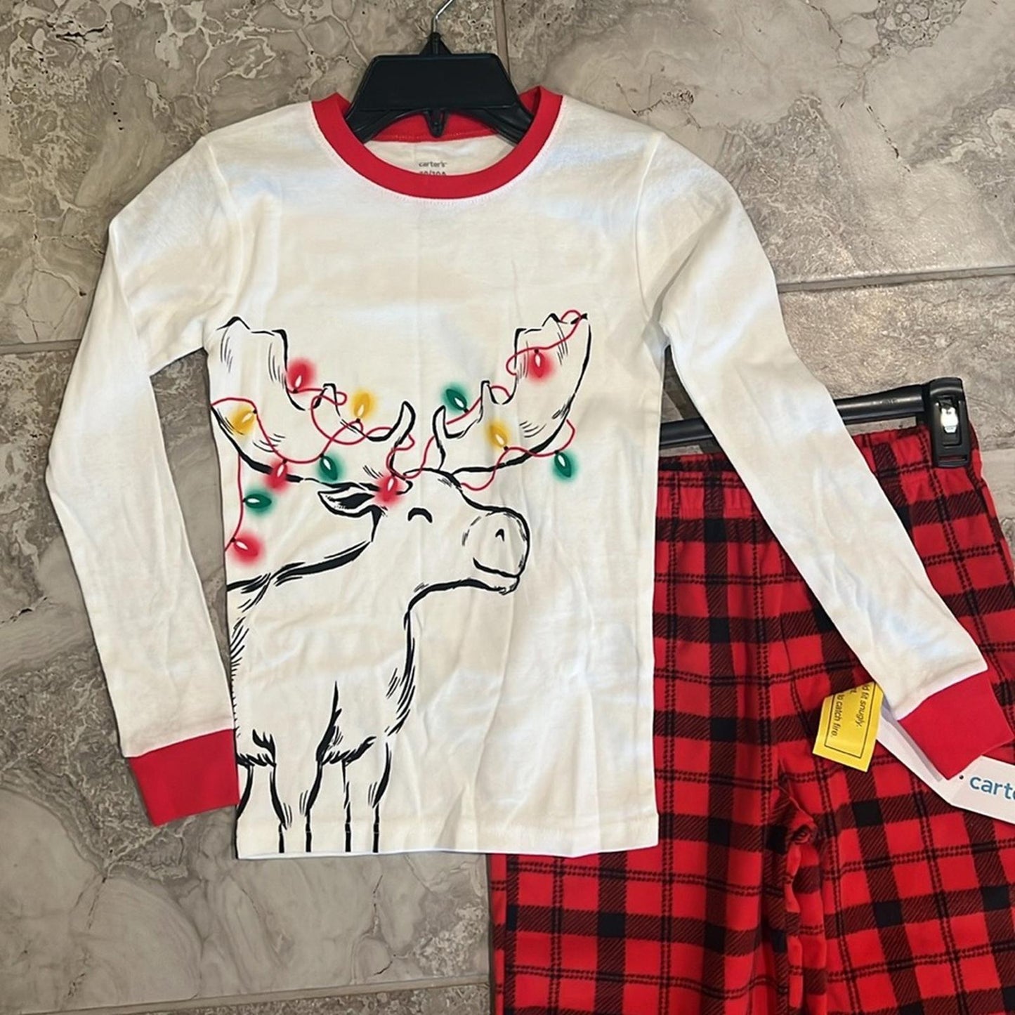 Carter's Big Kids Reindeer Fleece Pajama 2-Pc Set, White Red Black Size 10 NWT