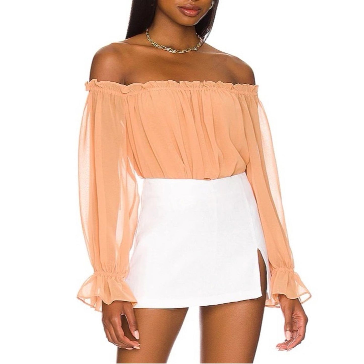 1.State xRevolve Off-The-Shoulder Peplum Blouse in Toasted Nut, New, Size S