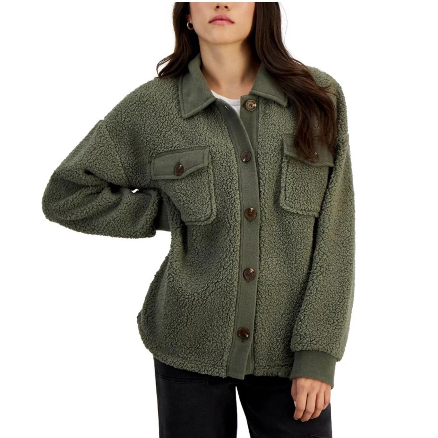NEW Hippie Rose Juniors' Sherpa Contrast-Trimmed Shacket, Smokey Olive Size XL