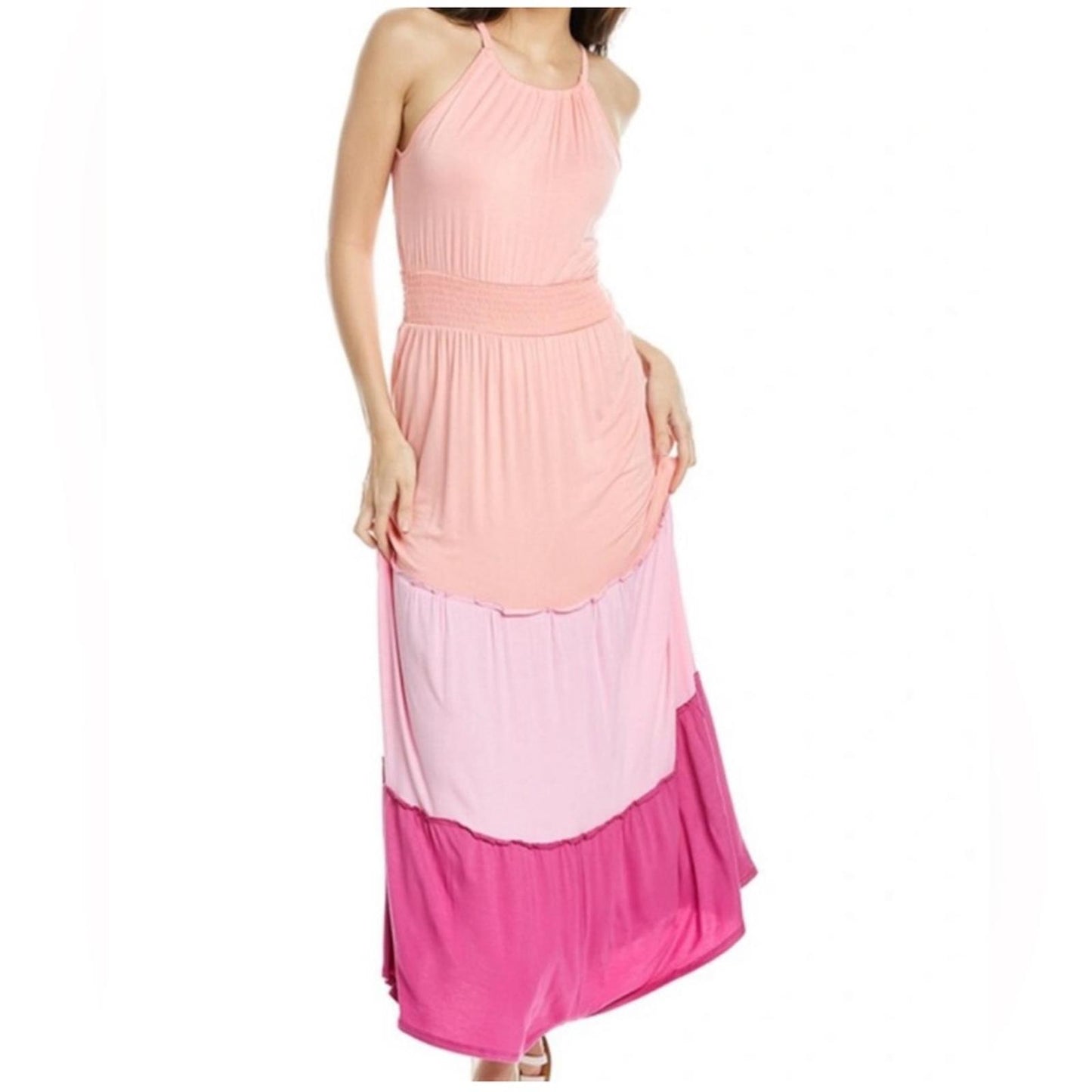 Adyson Parker Color Block Sleeveless Tiered Maxi Dress, Neon Peach Combo NWT