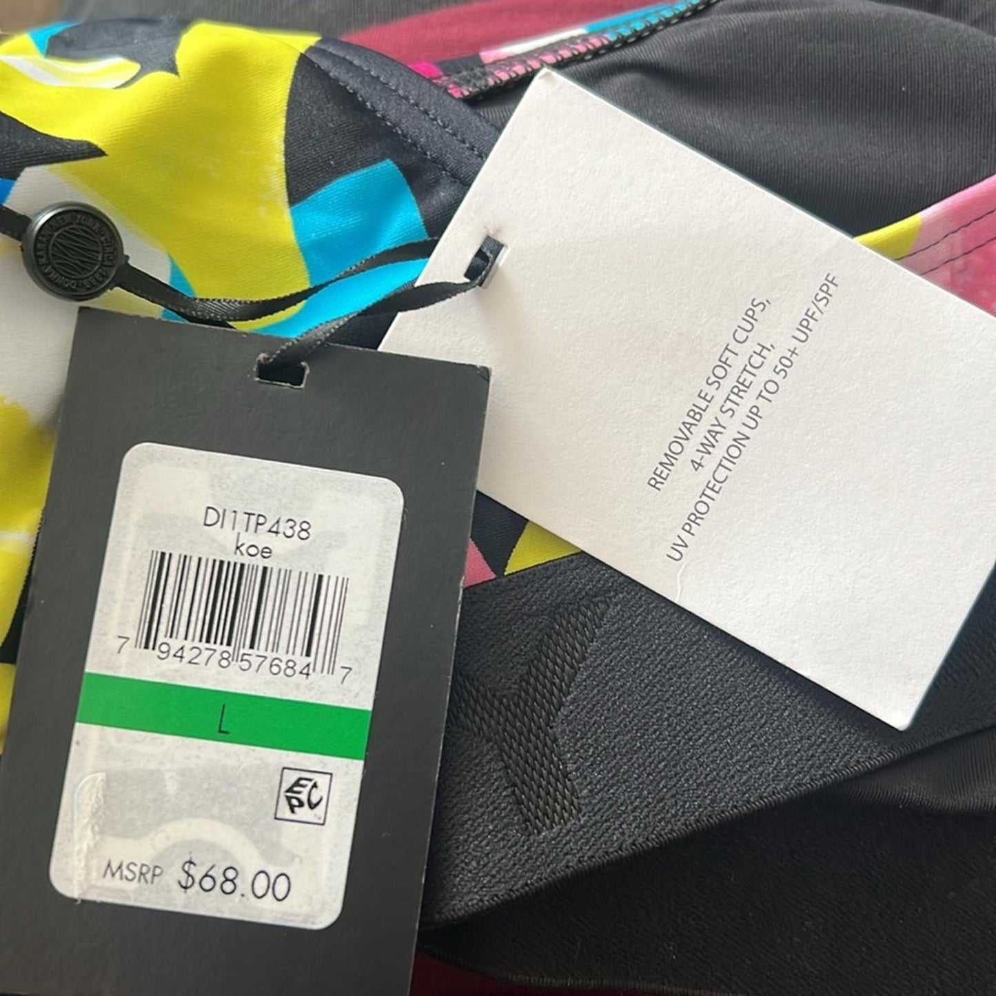 DKNY Black Printed Scoop Neck Swimsuit Top w/Removable Cups, Size L NEW w/Tag