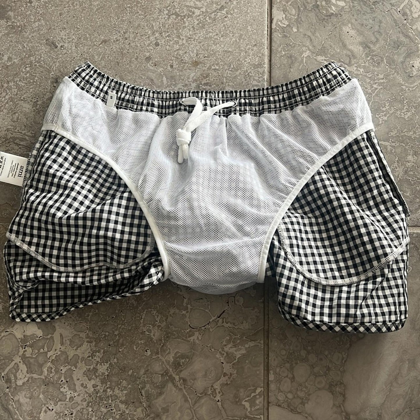 AMI Alexandre Mattiussi Checked Swim Shorts w/Bag in Black/White Size S NEW