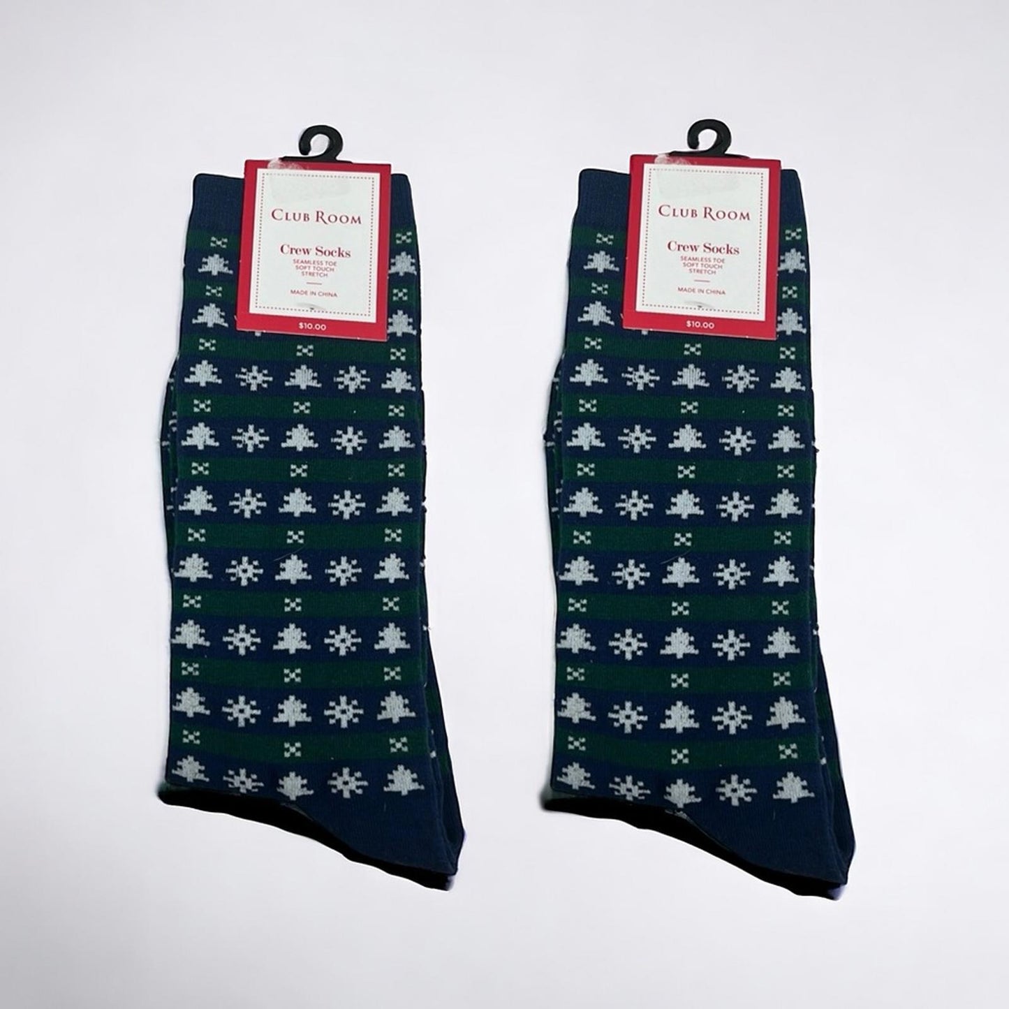 x2 Club Room Pine Trees Crew Socks, Soft Touch Stretch One Size New w/Tag