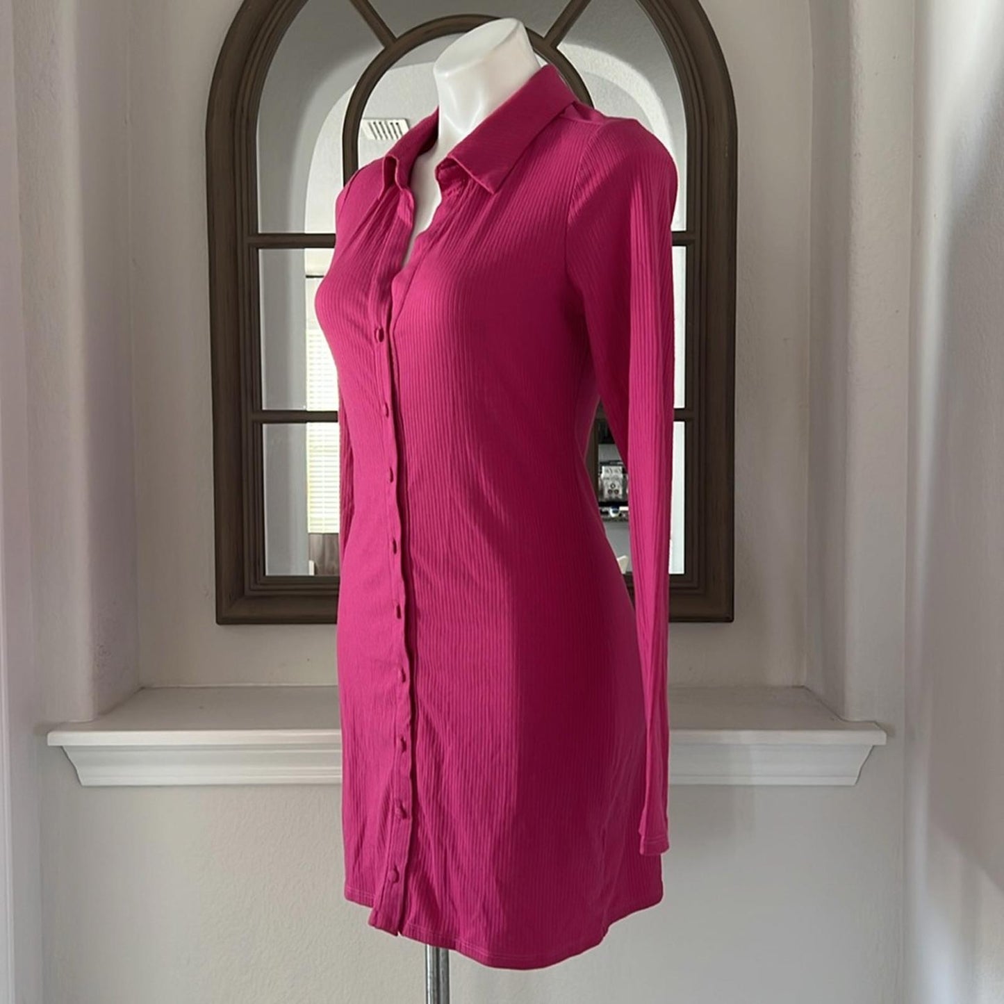 AFRM Ribbed Knit Collared Long Sleeve Button Front Shirt-Dress Berry, Size M NWT