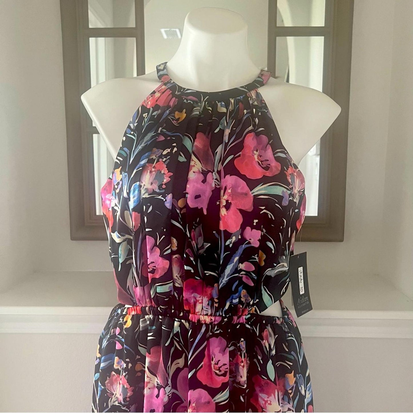 Aidan Mattox Halter Tiered Pleated Cut Out Floral Maxi Dress Size 8 NWT $220