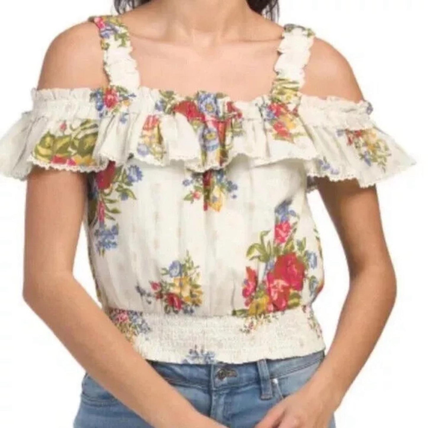 House of Harlow 1960 Helena Crop Top, Ivory Smocked, Ruffled Size M EXCELLENT!