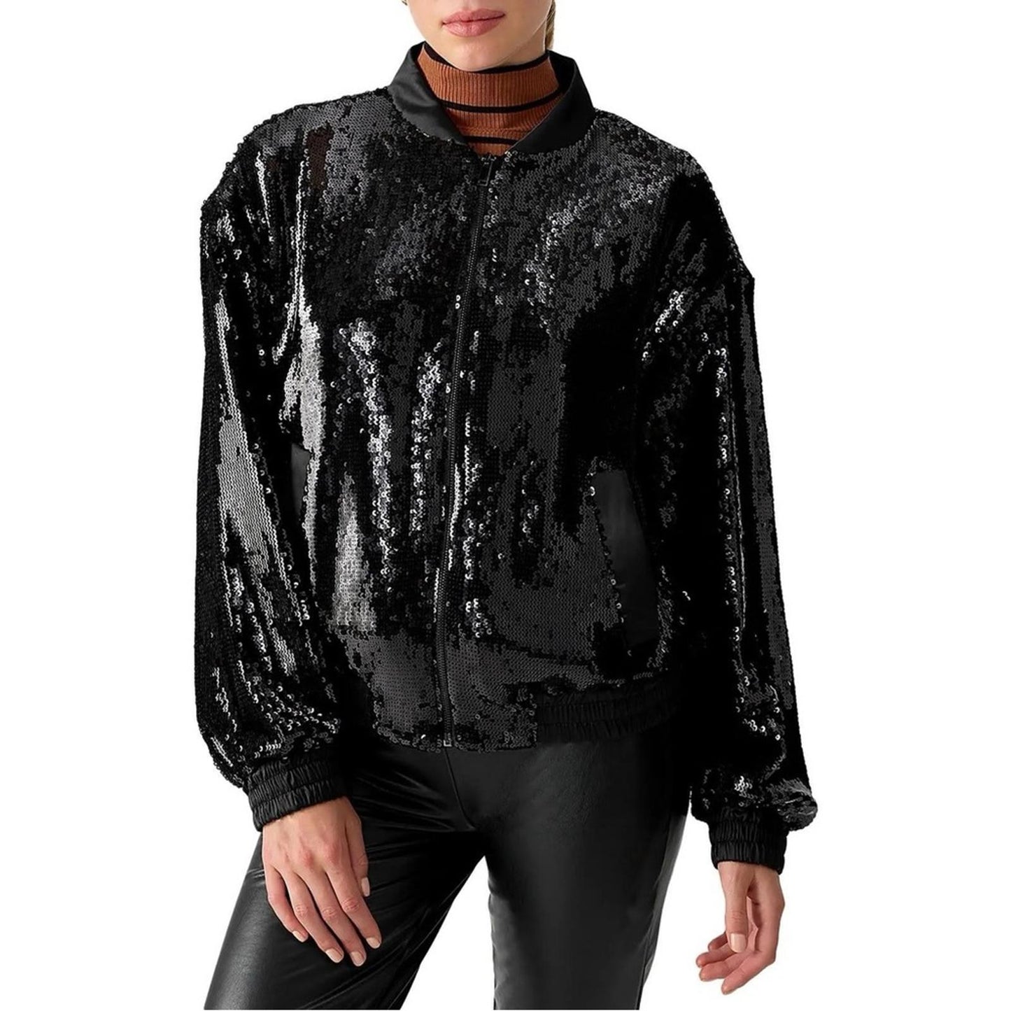 Sanctuary Sloan Sequined Lightweight Bomber Jacket in Black, Size XL NEW $159