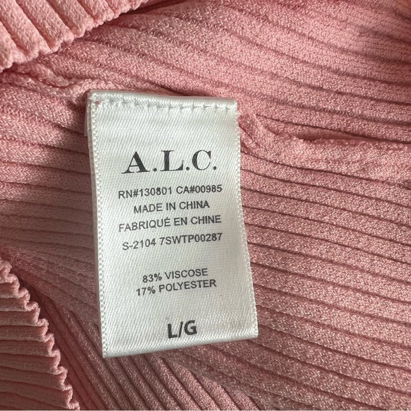 A.L.C. Asher Ribbed Top in Pink Sand, Size L New w/Tag Retail $295