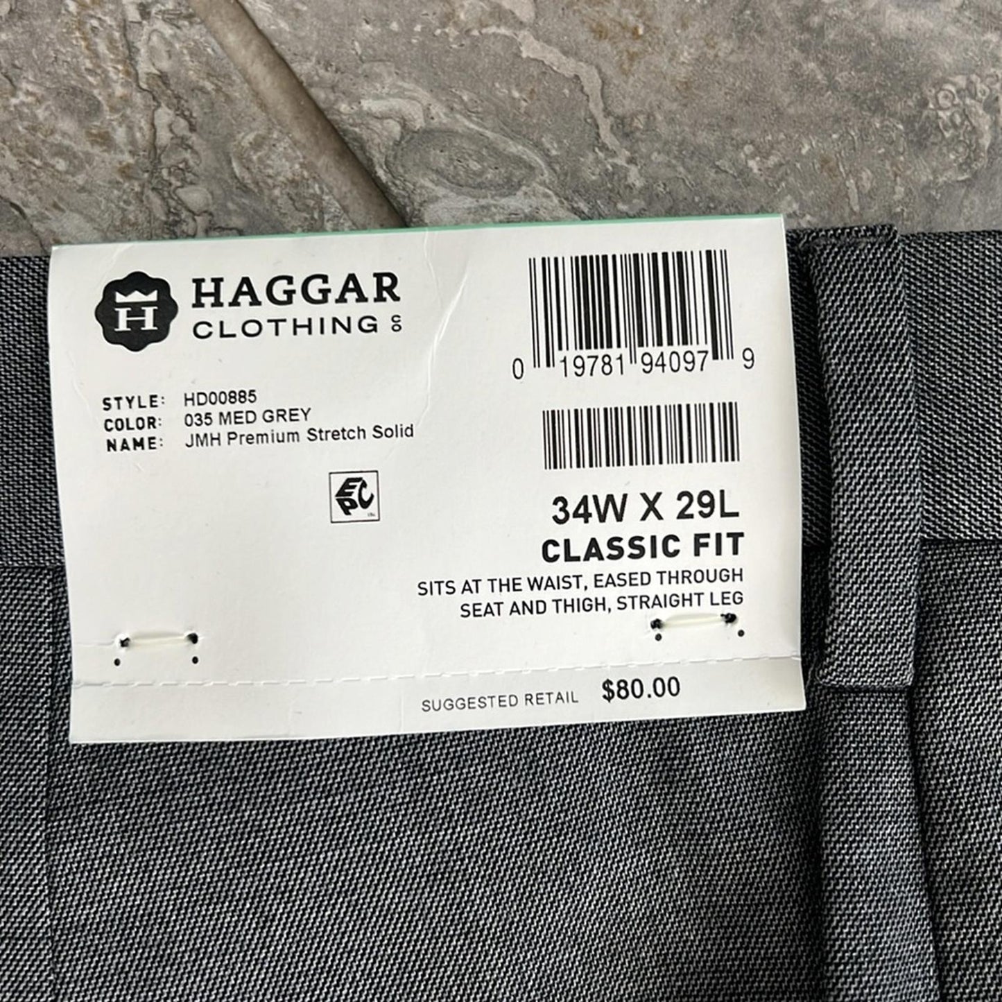 JM Haggar Premium Stretch Solid Premium Pants, Grey, Size 34W X 29L New w/Tag
