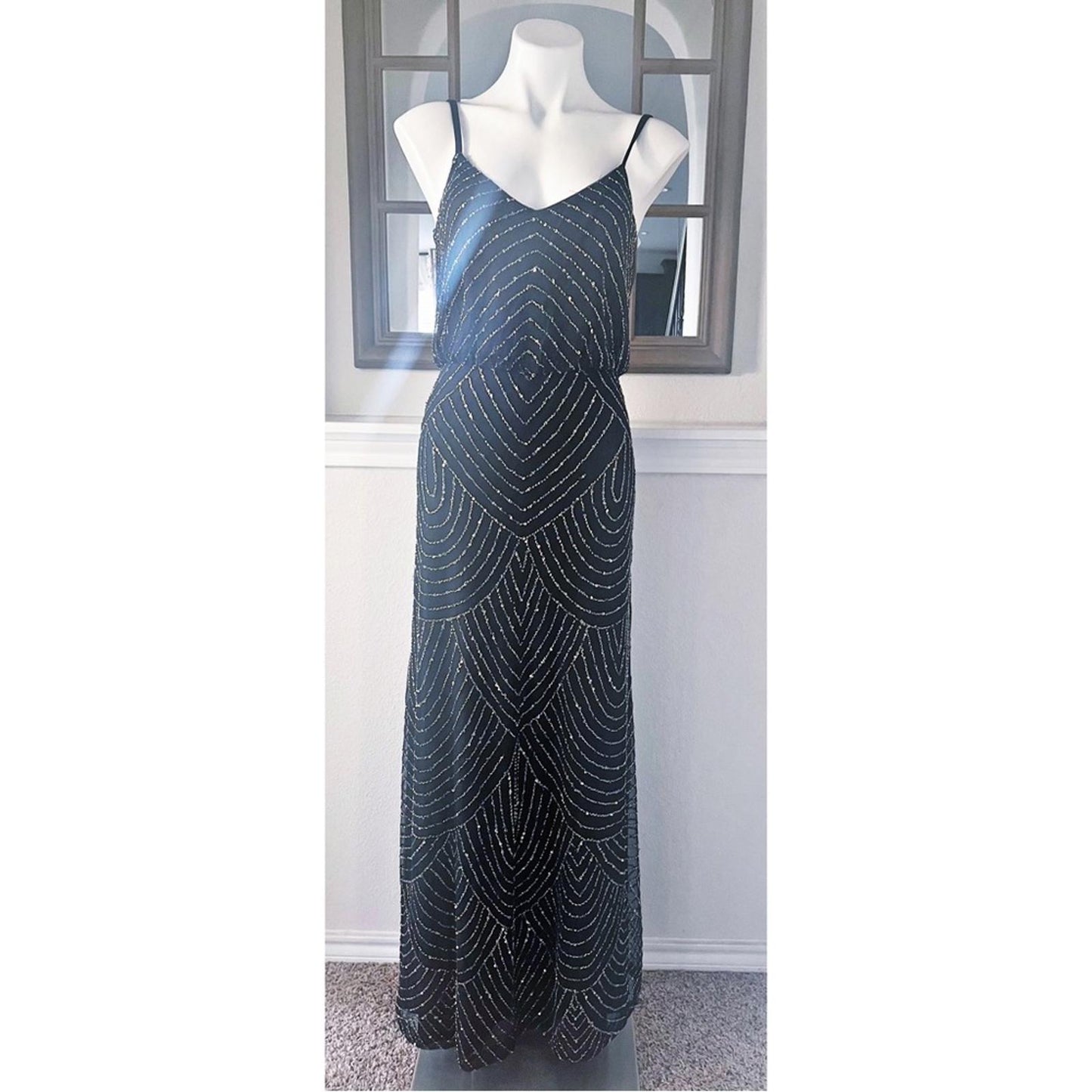 Adrianna Papell Art Deco Beaded Blouson Gown, Navy w/Silver Sequins Size 4