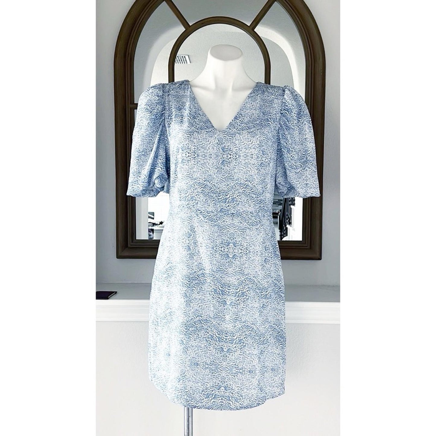 AS by DF Ischia Print Dress w/Puff Sleeves in Blue, Size M New w/Tag Retail $288