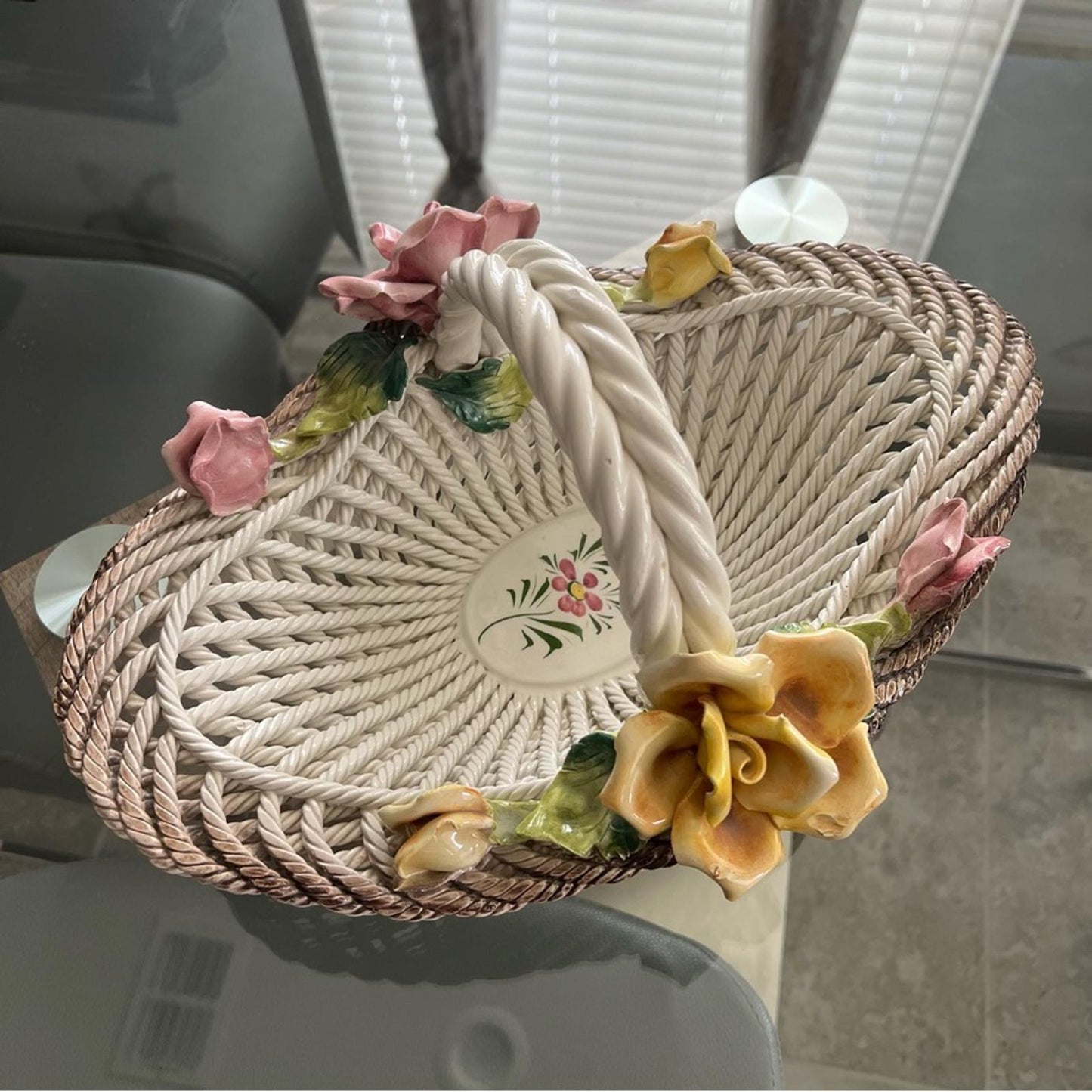 Capodimonte Large Woven Porcelain Floral Basket Classic Style, *RARE*