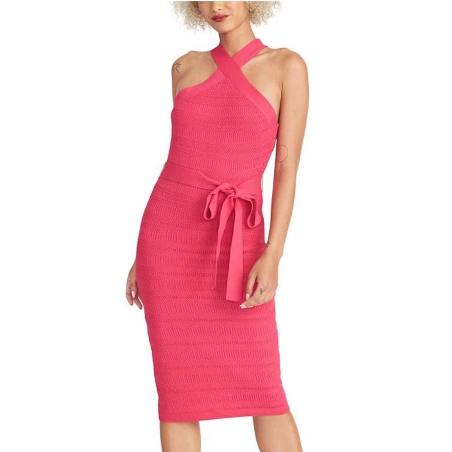 NEW Rachel Roy Solid Textured Knit Midi Halter Dress, Pink XXL Retail $139.99