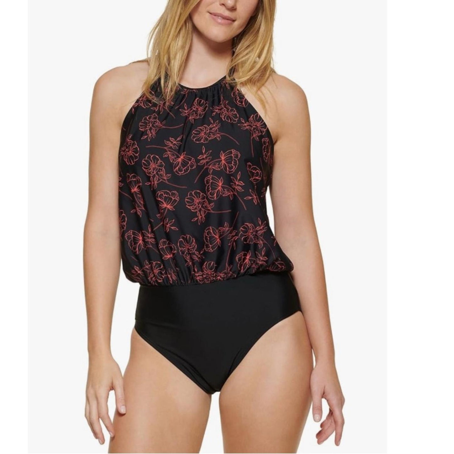 Calvin Klein High Neck Halter Blouson in Black/Red, Size 10 NEW w/Tag $118