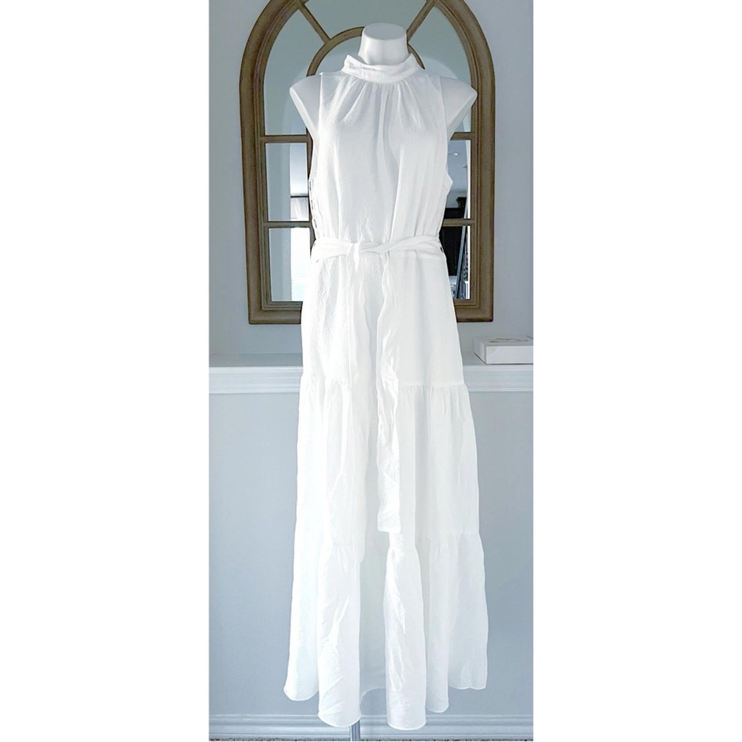 Anne Klein Tie-Neck Tiered Sleeveless Maxi Dress, Size 12 Bright White New w/Tag