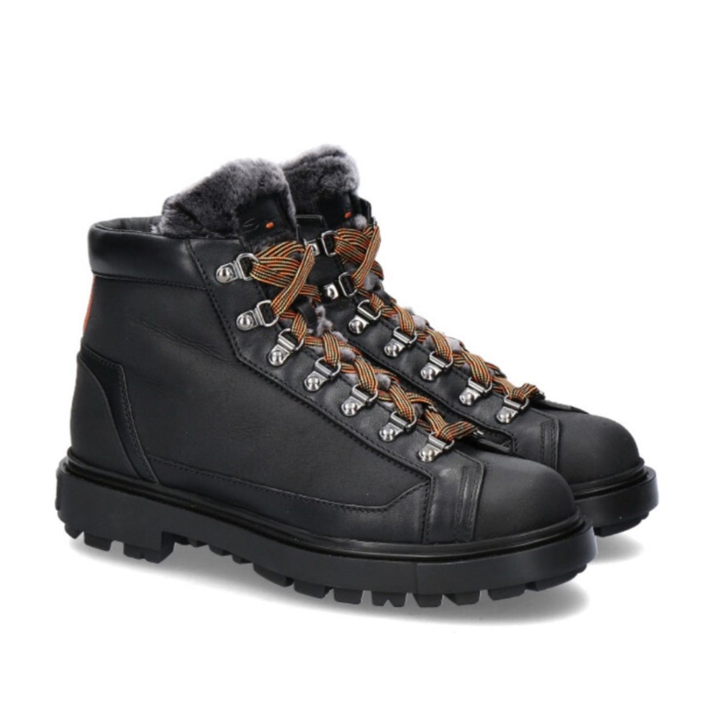 Santoni Farah Leather Genuine Shearling Lined Black Boots, Size 10.5 NEW in Box