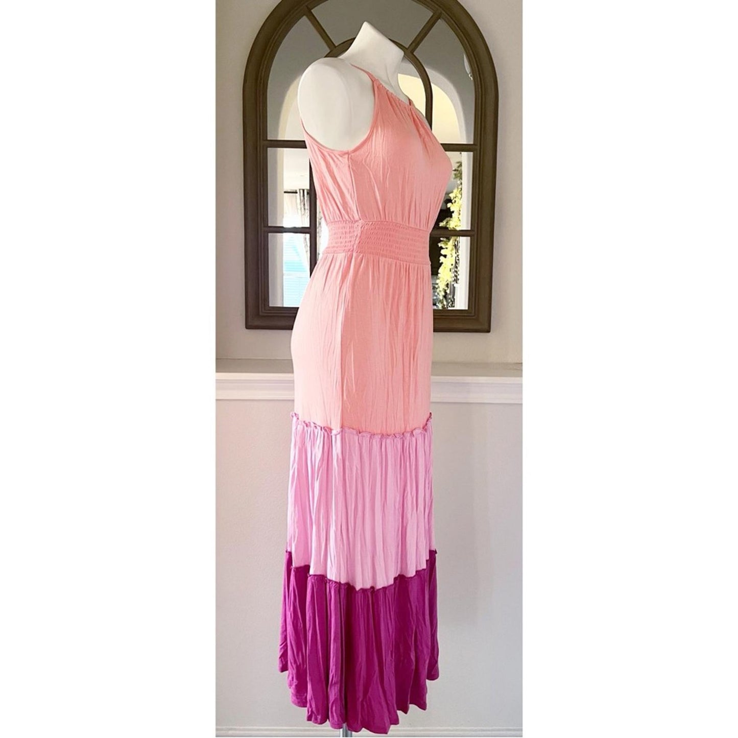 Adyson Parker Color Block Sleeveless Tiered Maxi Dress, Neon Peach Combo NWT