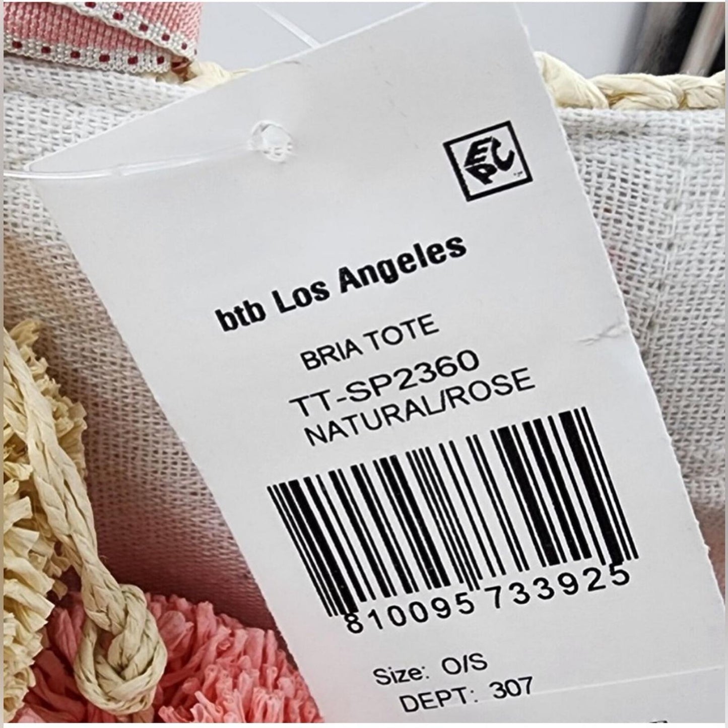 BTB Los Angeles Bria Straw Tote, Natural Rose O/S New w/Tag Retail $199
