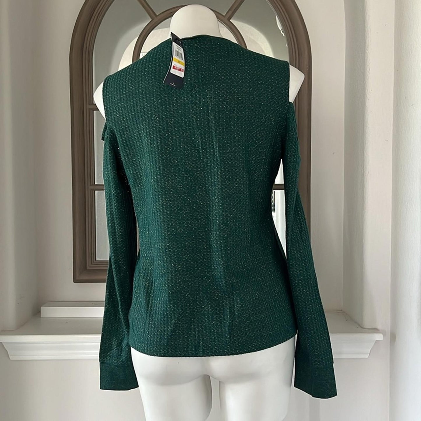 Tommy Hilfiger Forest Gold Metallic Long Sleeve Cold Shoulder Top Size M NWT