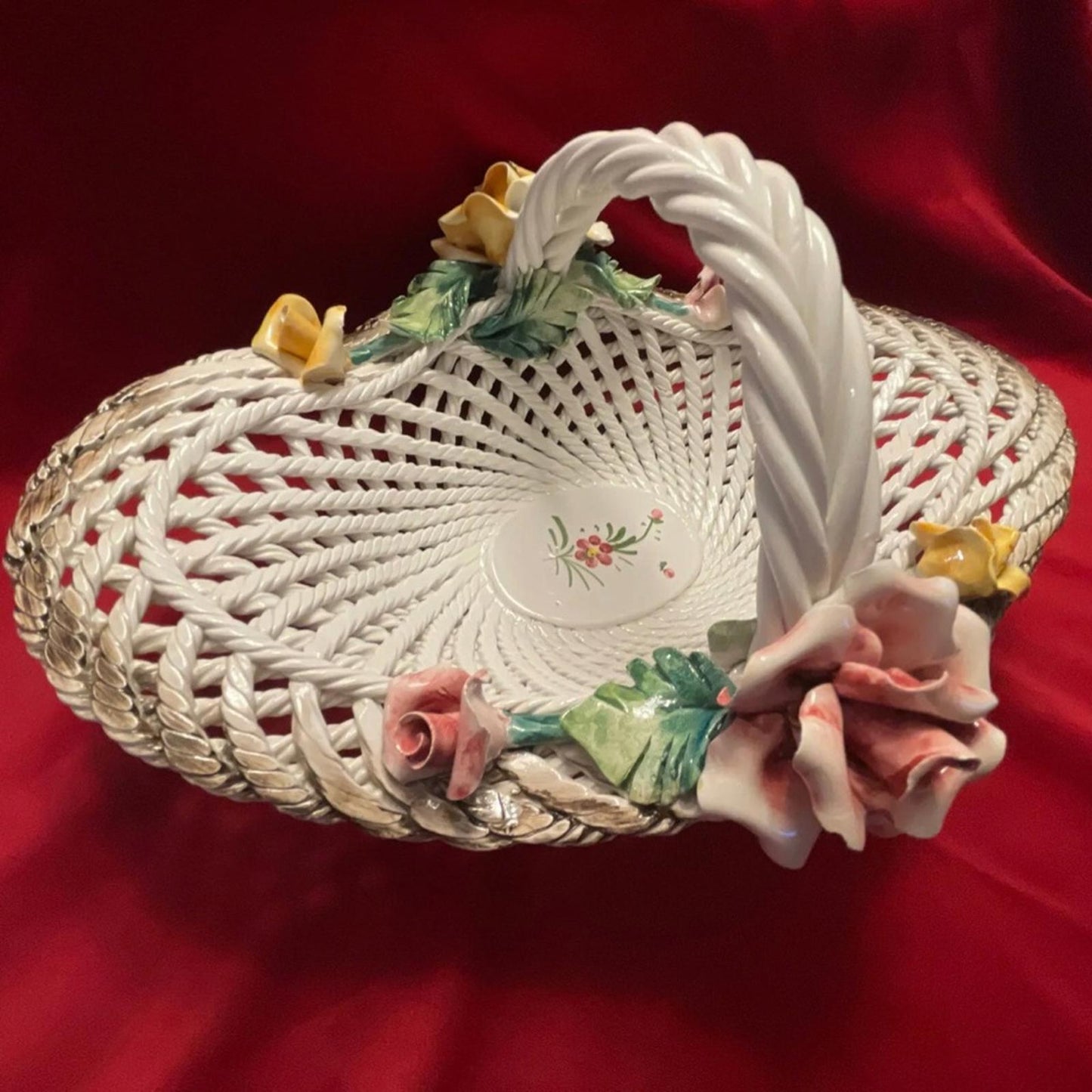Capodimonte Large Woven Porcelain Floral Basket Classic Style, *RARE*