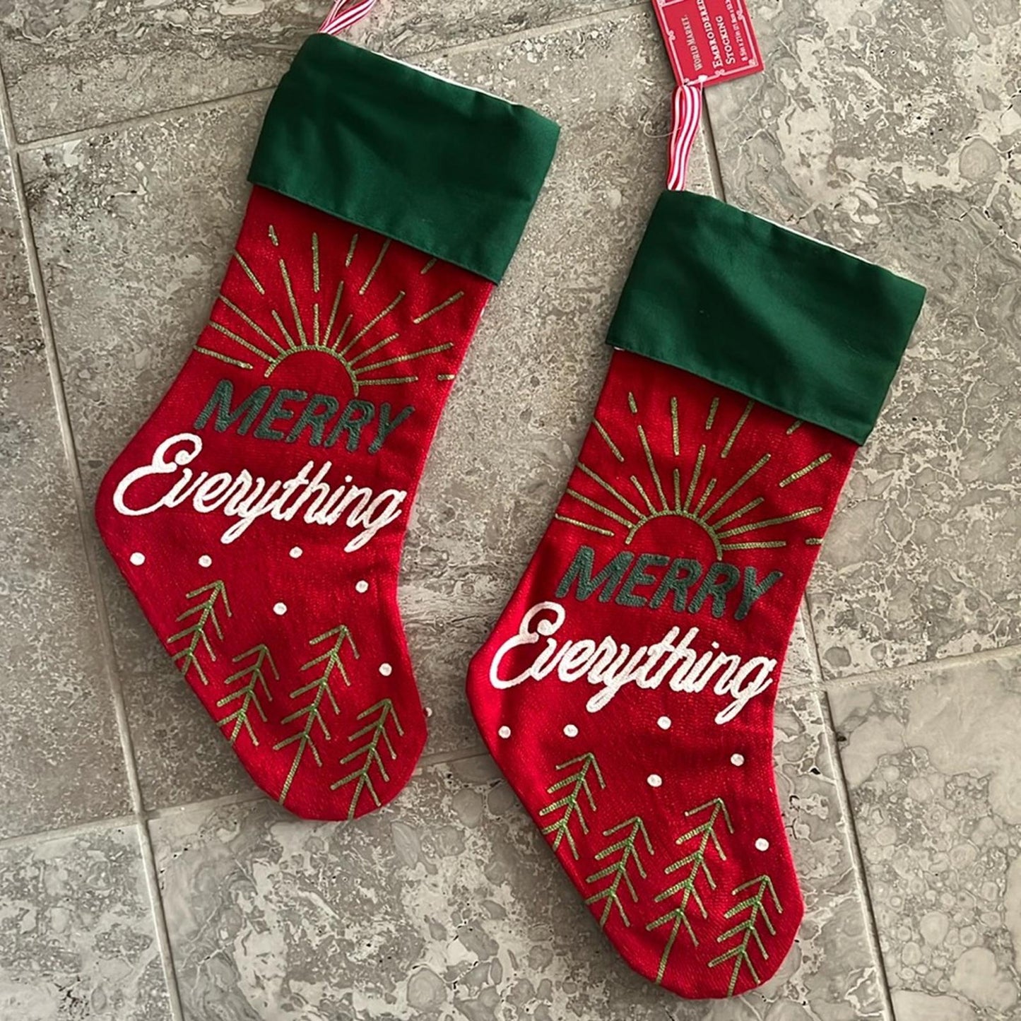 X2 “MERRY Everything” Embroidered Stockings 8.5” x 21” New with Tag