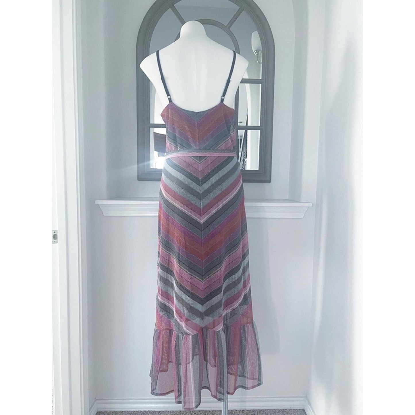 Rachel Roy Finn Metallic Striped Maxi Dress in Pink Grey, Size L New w/Tag