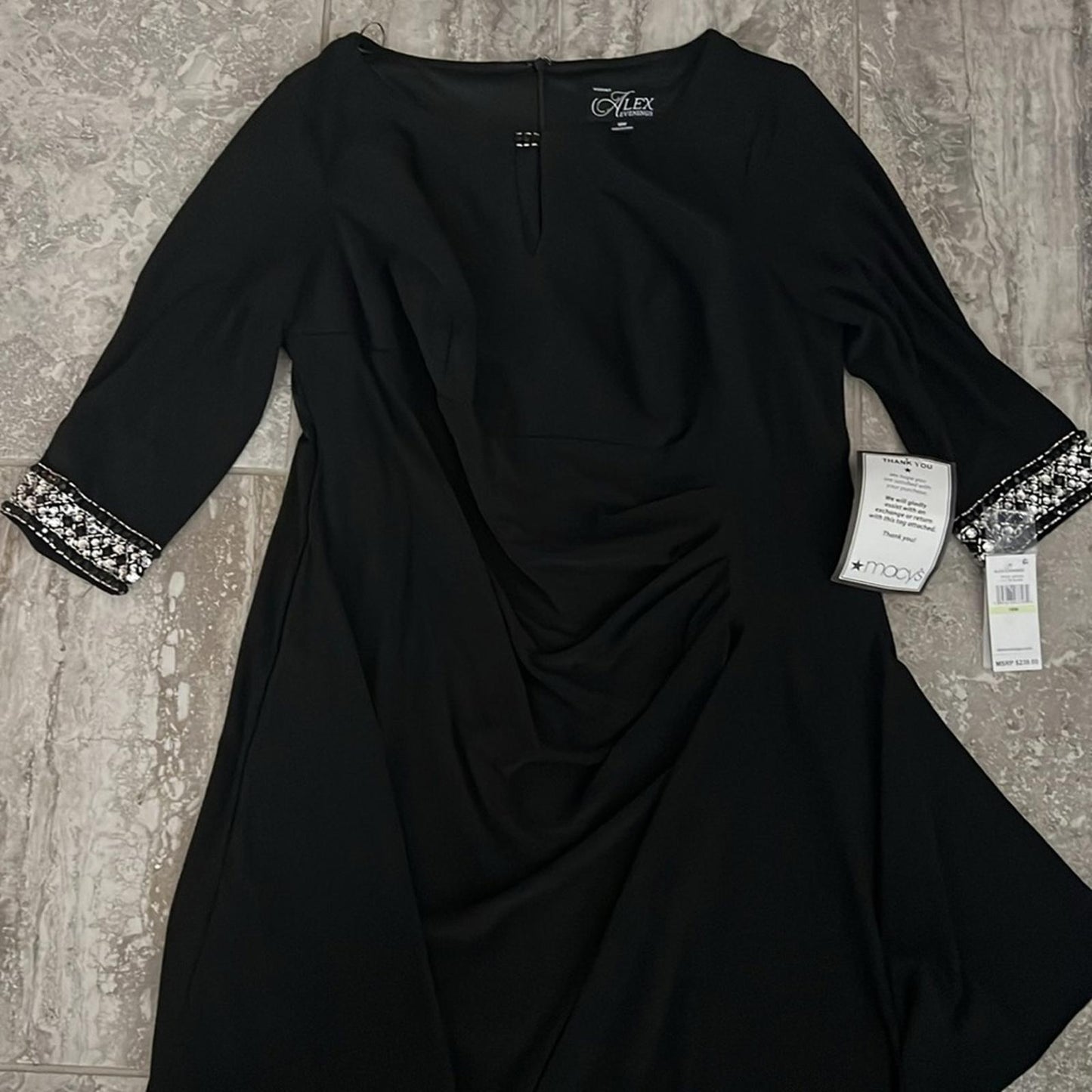 NWT Alex Evenings A-Line Dress w/Side Ruched Cascade Skirt, Black Size 18W $239