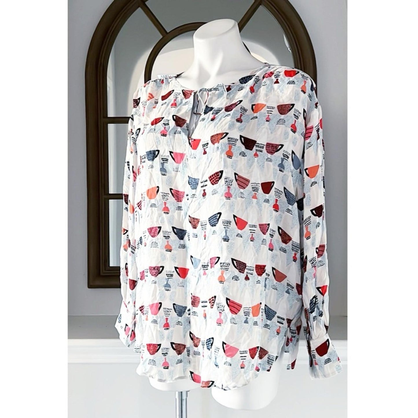 NIC+ZOE Relaxed-fit Perk Up Coffee Cup Print Blouse, Size XL New w/Tag Retail