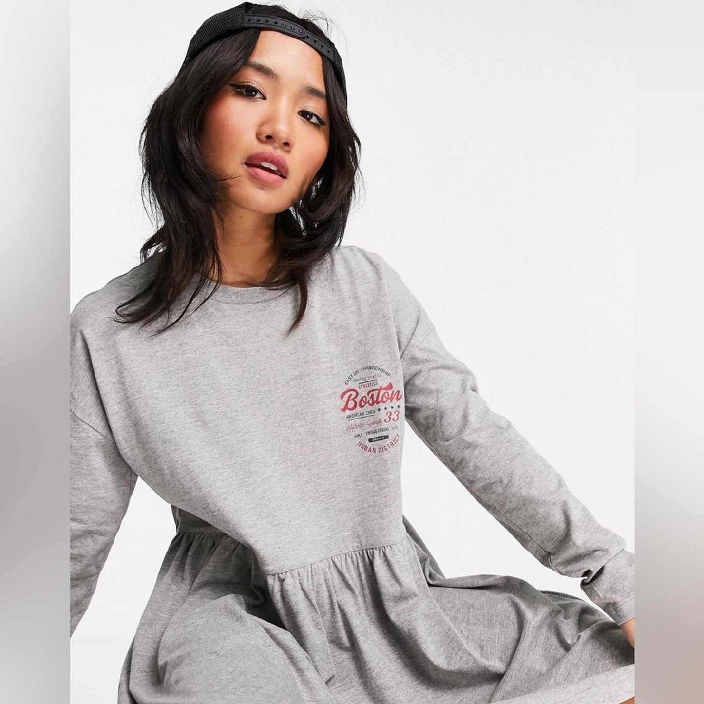 ASOS’ Noisy May Collegiate Motif Jersey Smock Dress, Gray Heather Size XL NWT