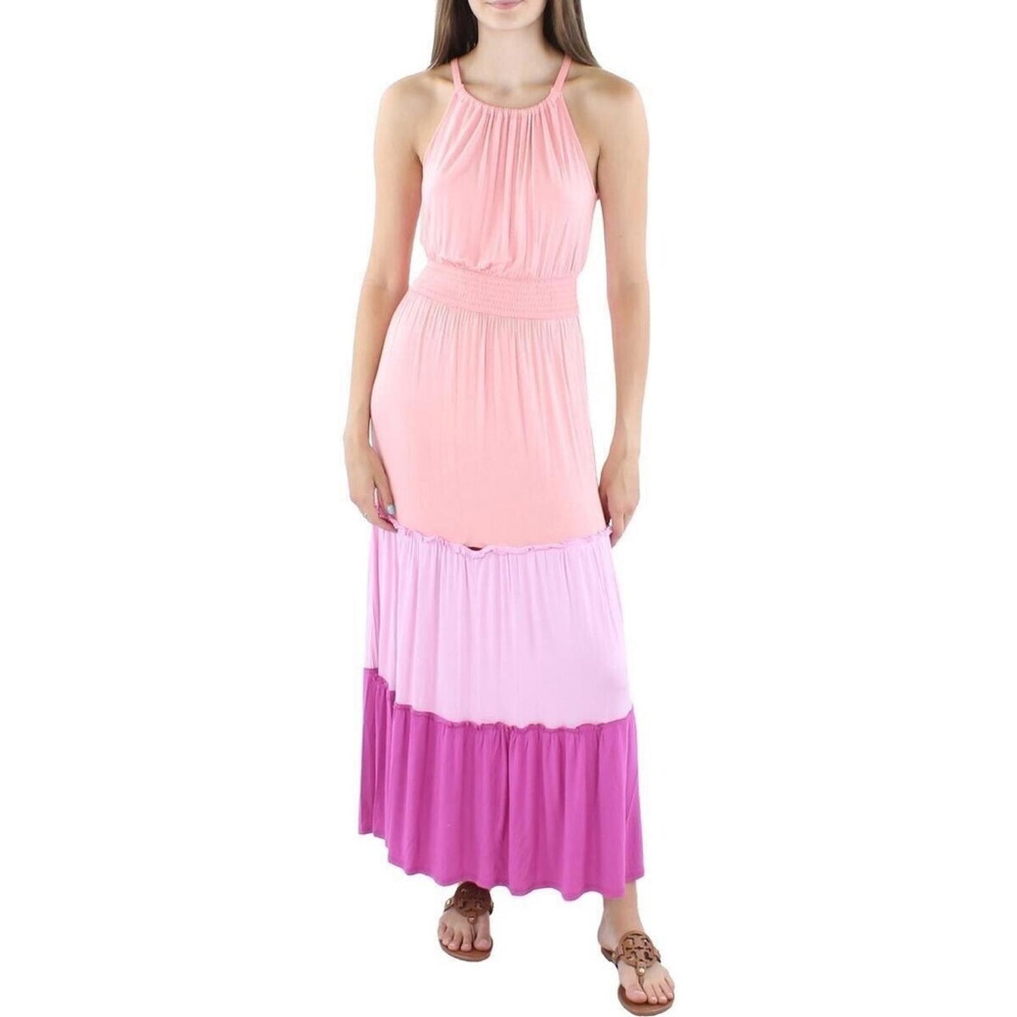 Adyson Parker Color Block Sleeveless Tiered Maxi Dress, Neon Peach Combo NWT