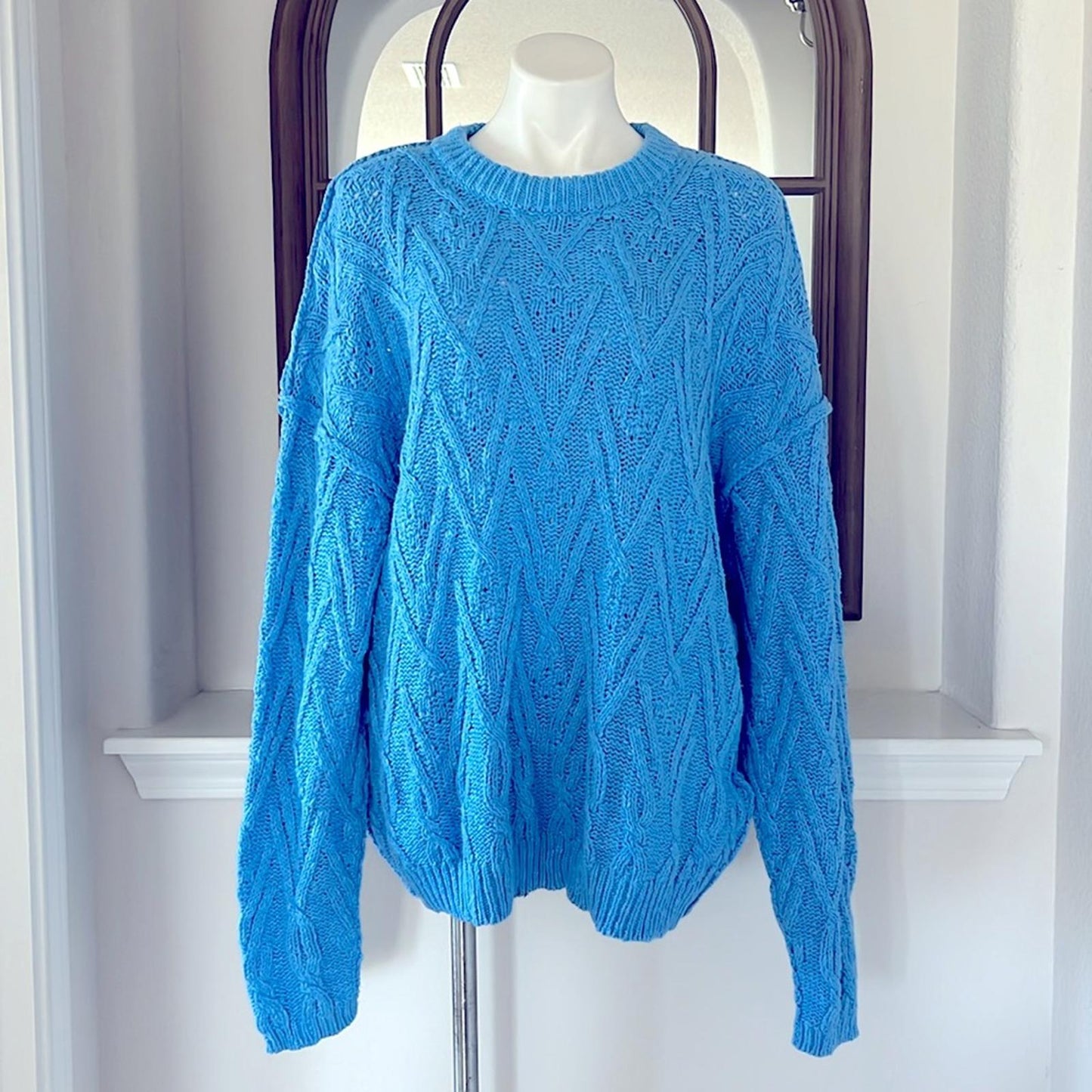 NEW Free People Isla Cable Knit Oversized Sweater, Marine Blue Size L