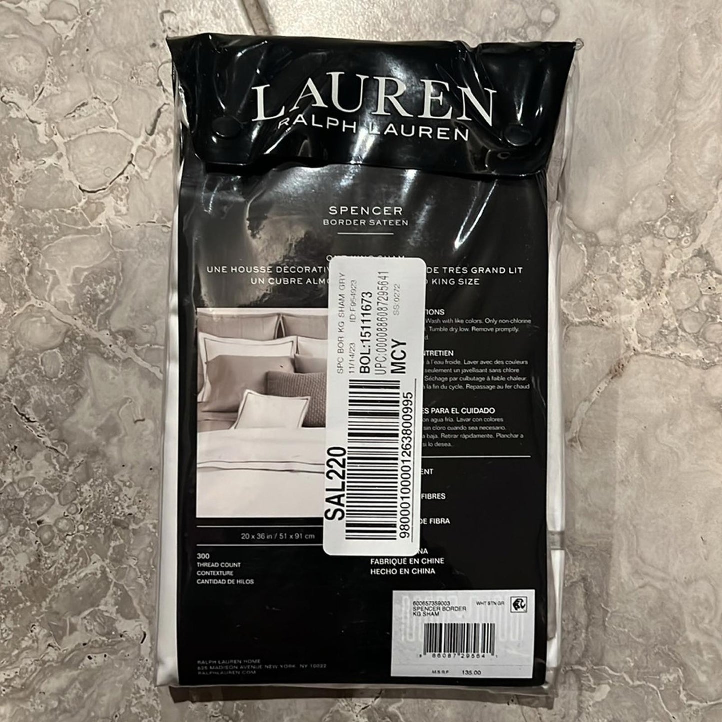 X2 Ralph Lauren KING Spencer Sateen Border Shams in Stone Grey New w/Tag $135/ea