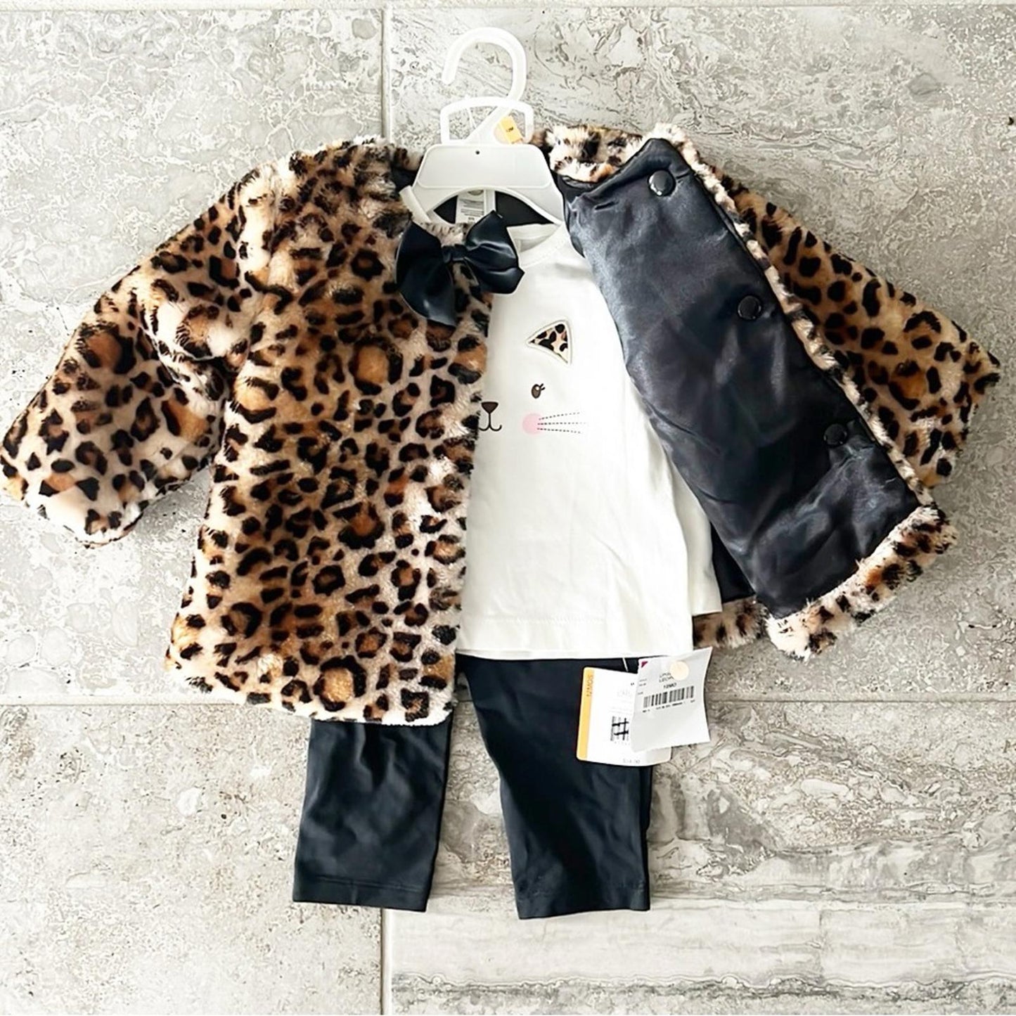 Little Me Baby 3-Pc Leopard-Print Faux-Fur Jacket, Top & Leggings Set Sz 12 Mos