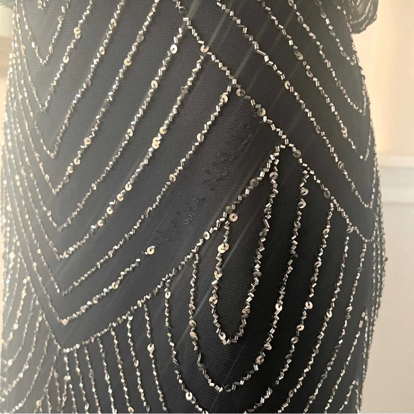 Adrianna Papell Art Deco Beaded Blouson Gown, Navy w/Silver Sequins Size 4