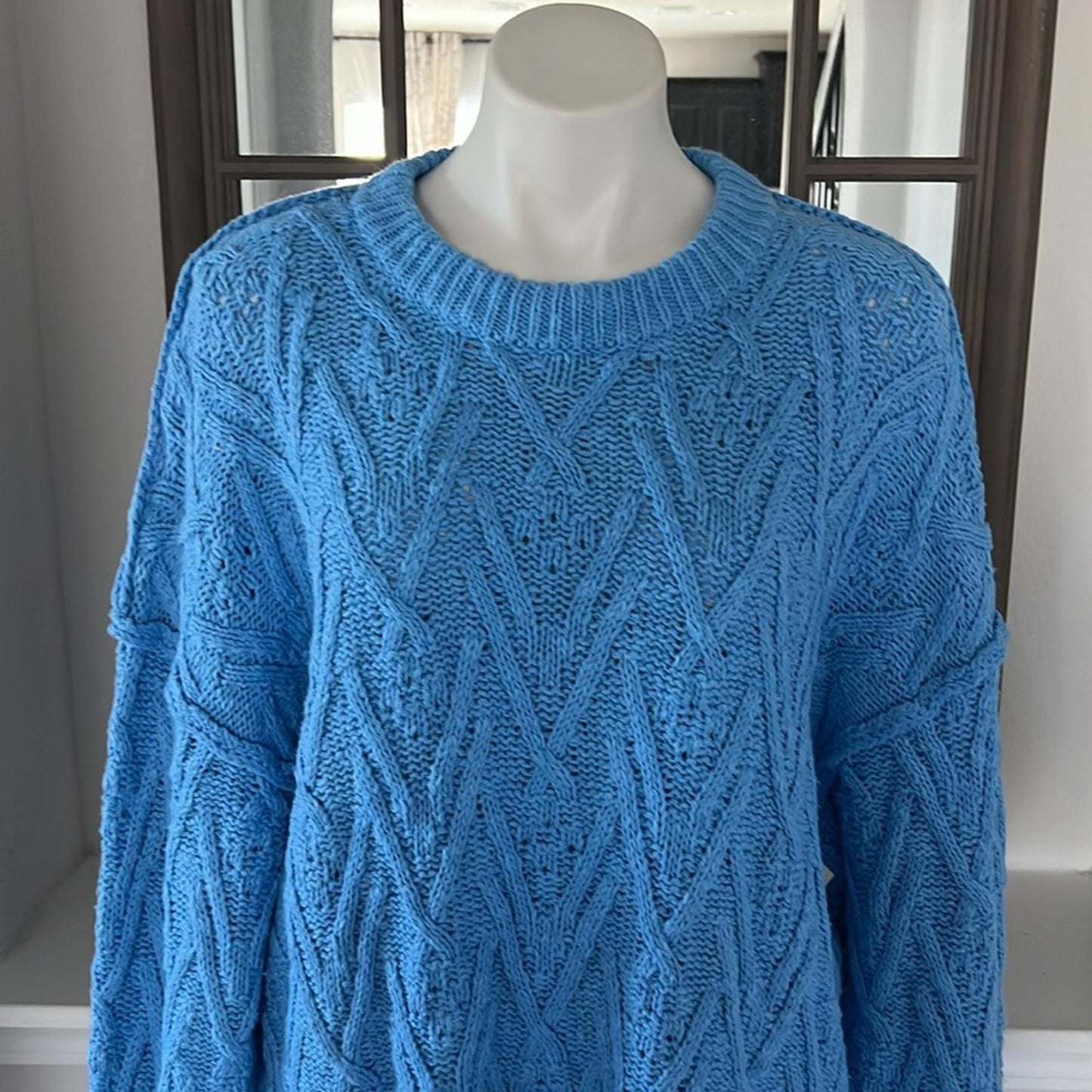 NEW Free People Isla Cable Knit Oversized Sweater, Marine Blue Size L