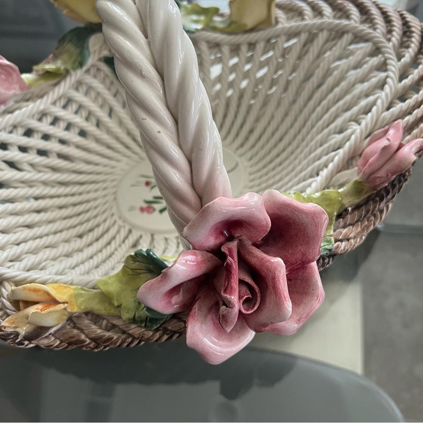 Capodimonte Large Woven Porcelain Floral Basket Classic Style, *RARE*