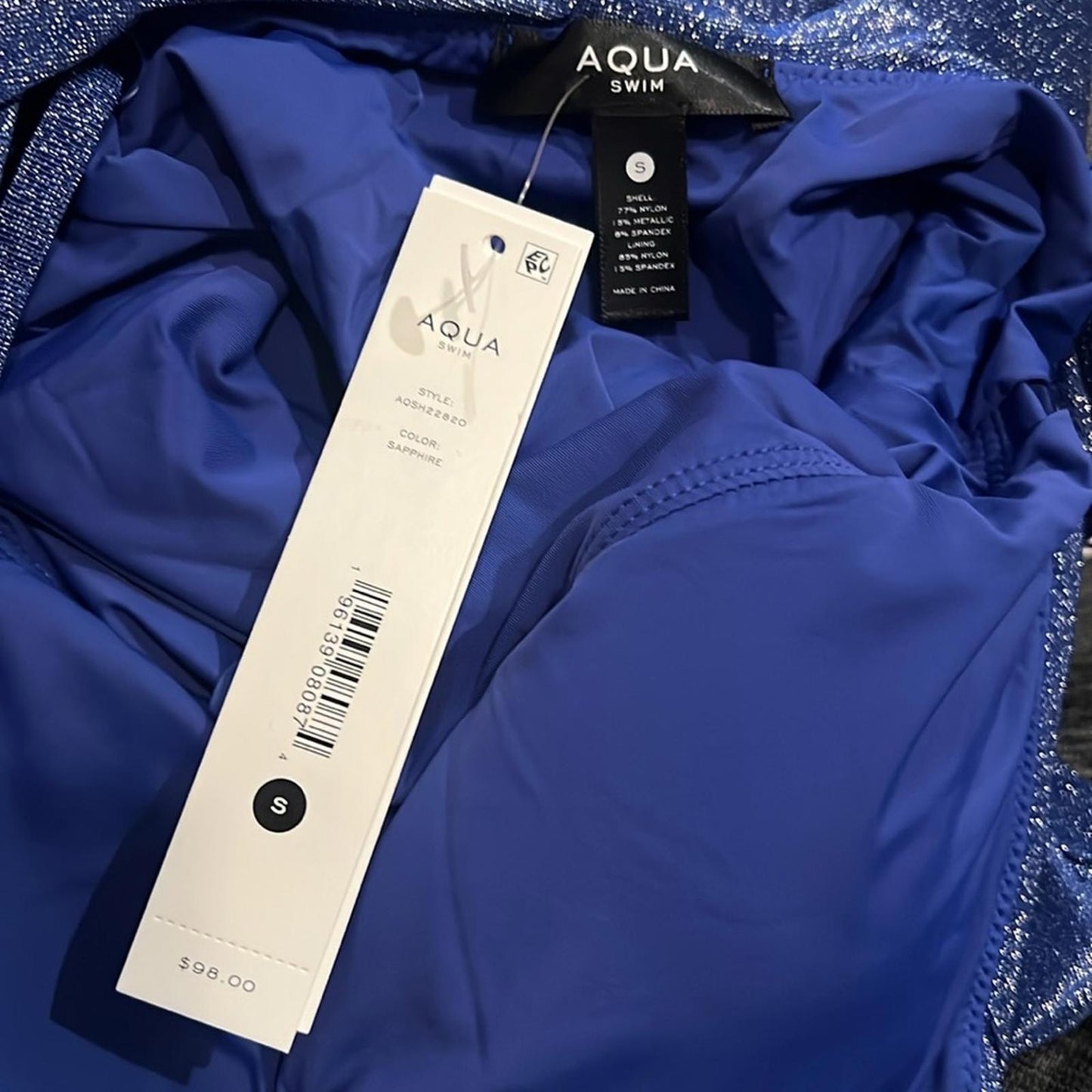 Aqua Bloomingdale’s Shimmer Square Neck One Piece Swimsuit, Sapphire Size S NWT