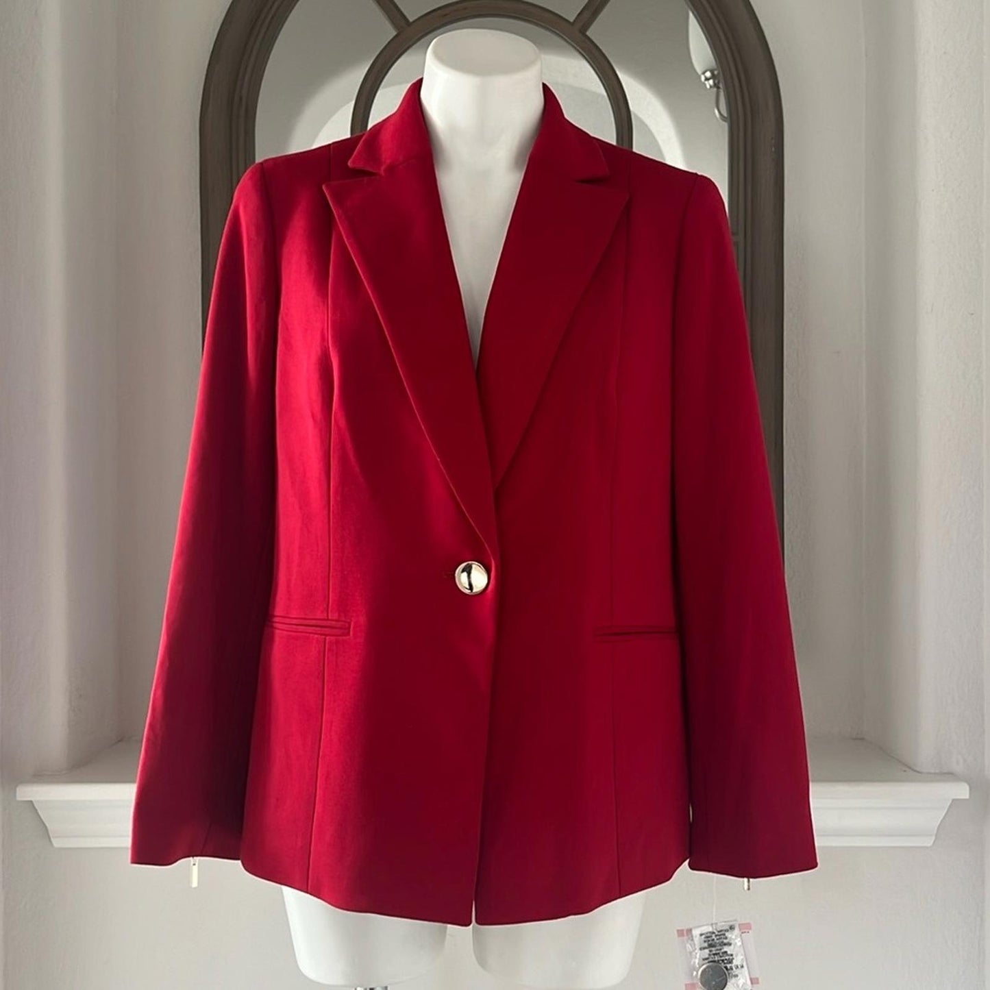 Kasper Zip Cuff Notched Collar One-Button Blazer in Red Petite Size 10, New $129