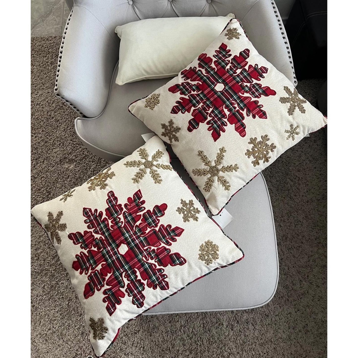 x2 Holiday Snowflake Decorative Pillows, Plaid & Beaded Retail $70
