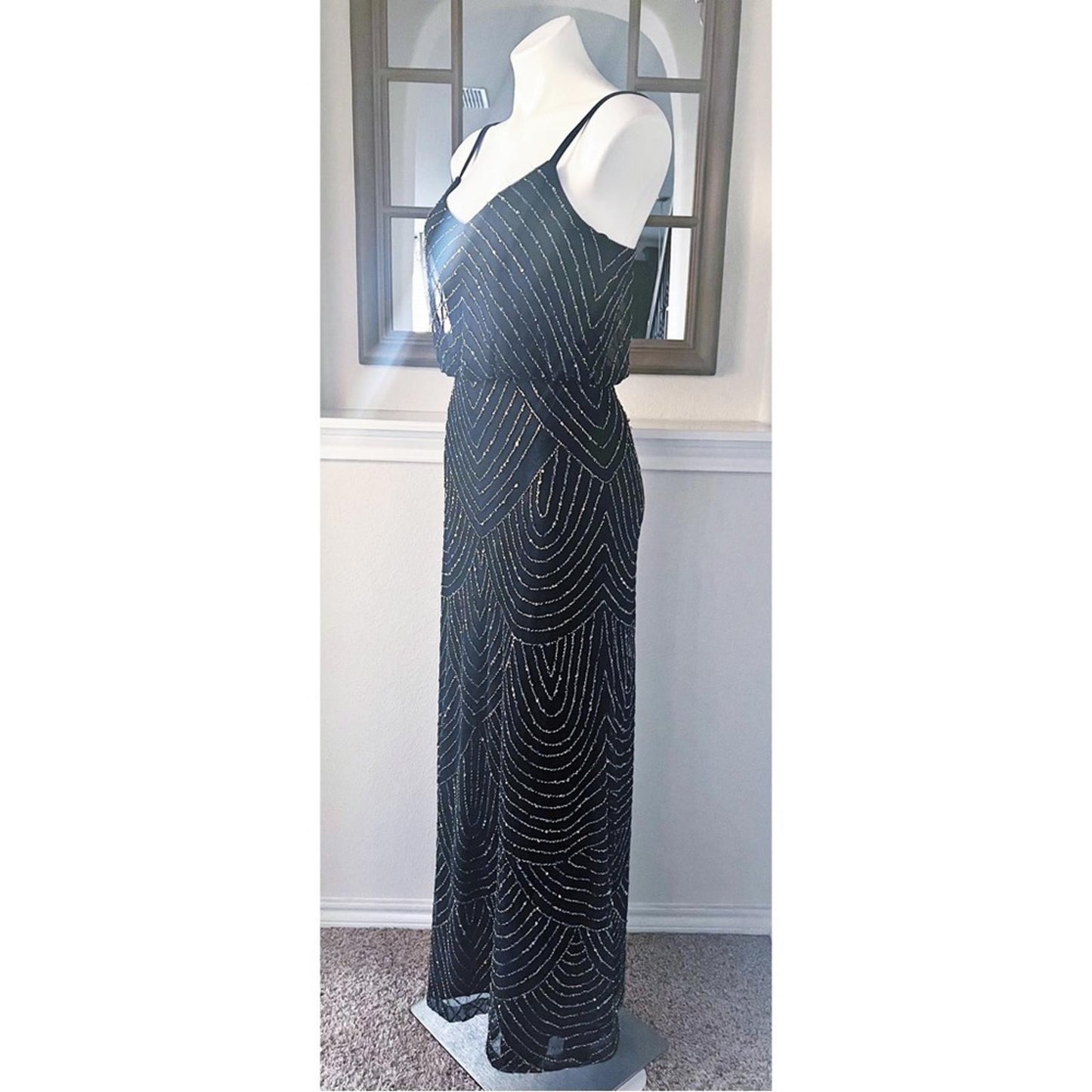 Adrianna Papell Art Deco Beaded Blouson Gown, Navy w/Silver Sequins Size 4