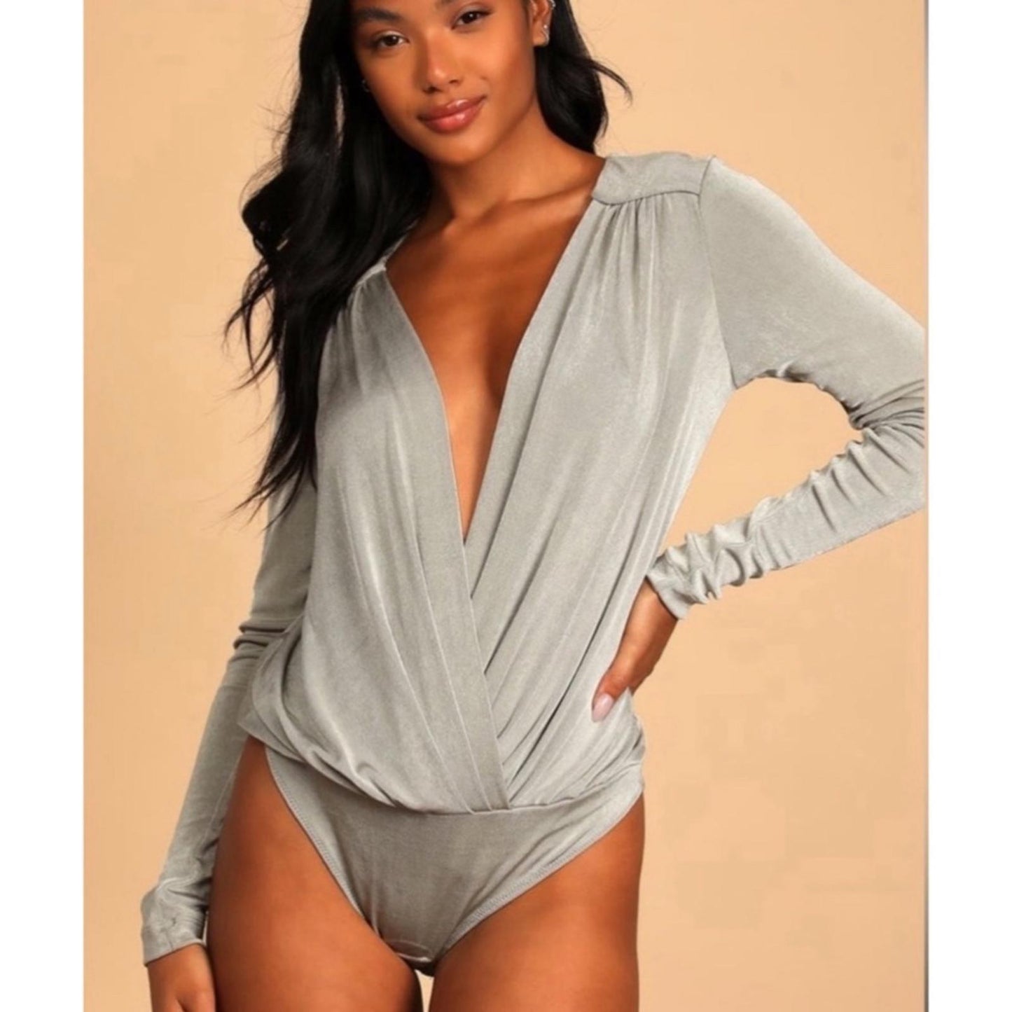 Free People Sateen Oxide Thong Bodysuit, Silver Grey Size L New w/Tag