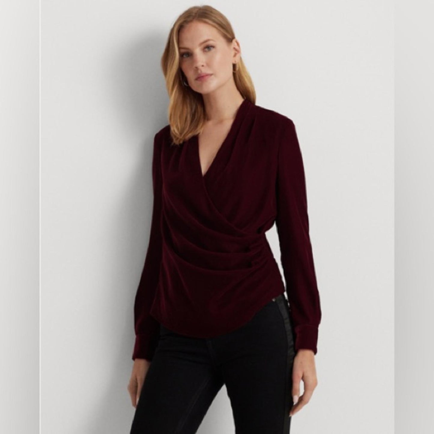 Lauren Ralph Lauren Pleated Velvet Surplice Blouse, Size 6 NEW $165