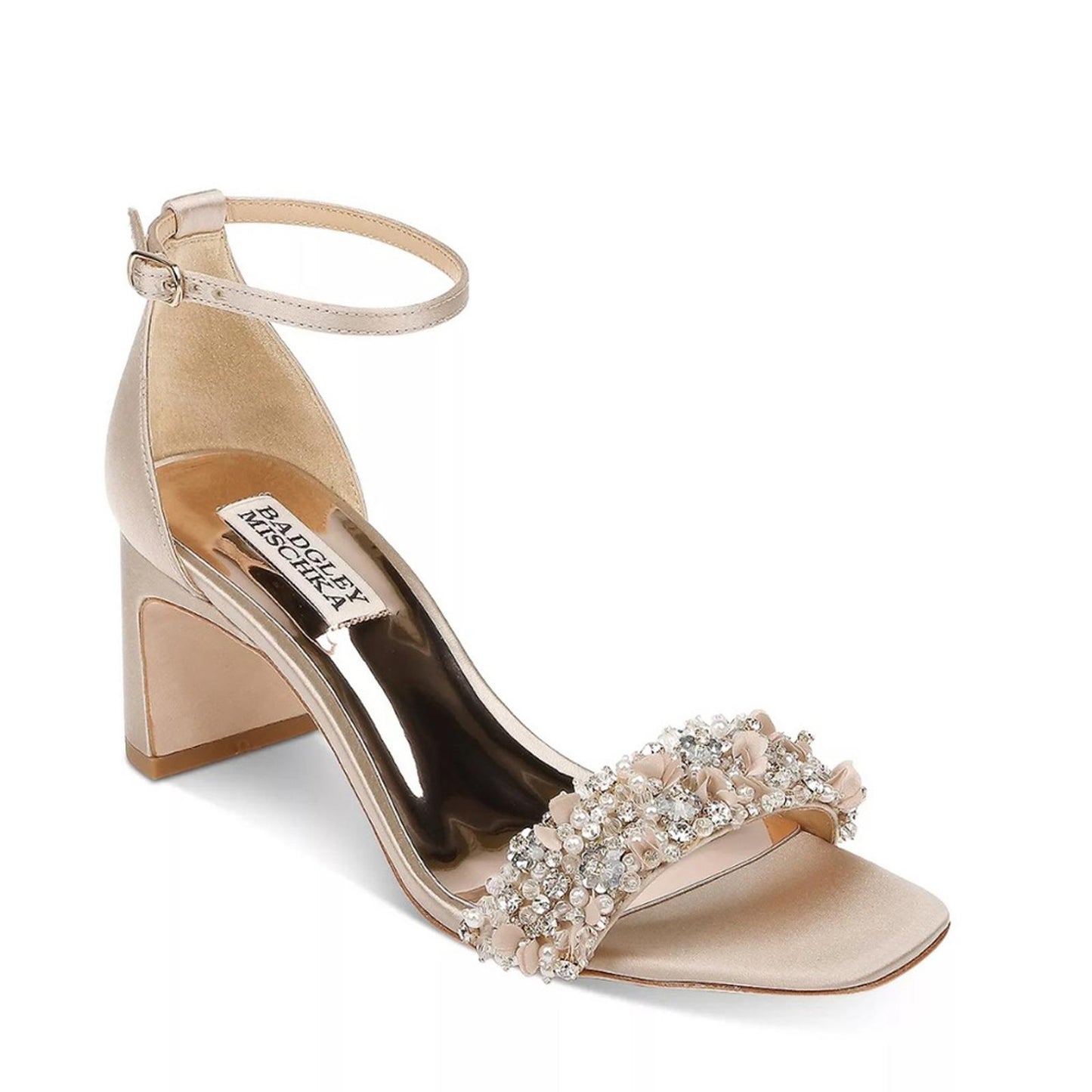 Badgley Mischka Teela Embellished Block Heel Sandals, Pearl Nude, Size 11 NWT