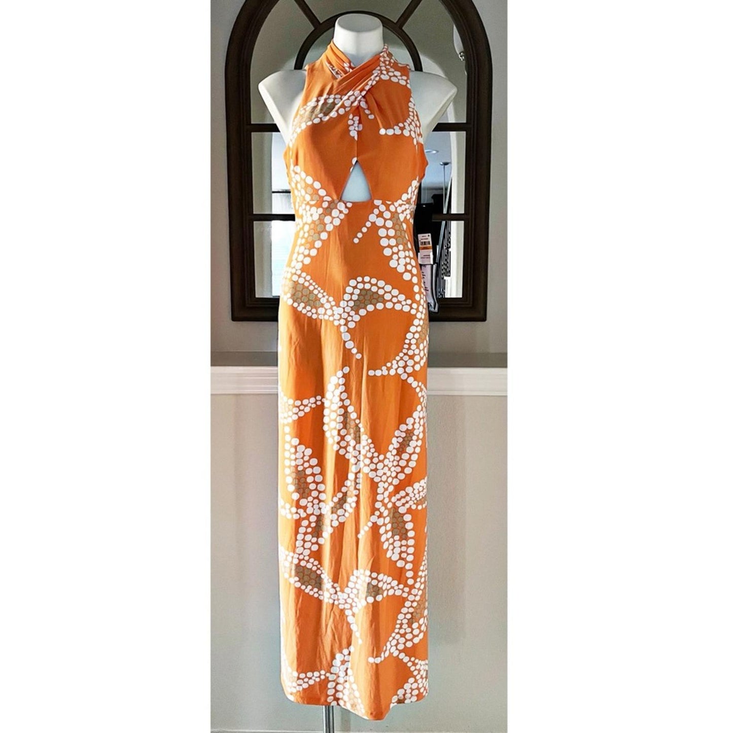 Rachel Roy Bird of Paradise Halter Maxi Dress in Orange Multi, Size S NEW $129