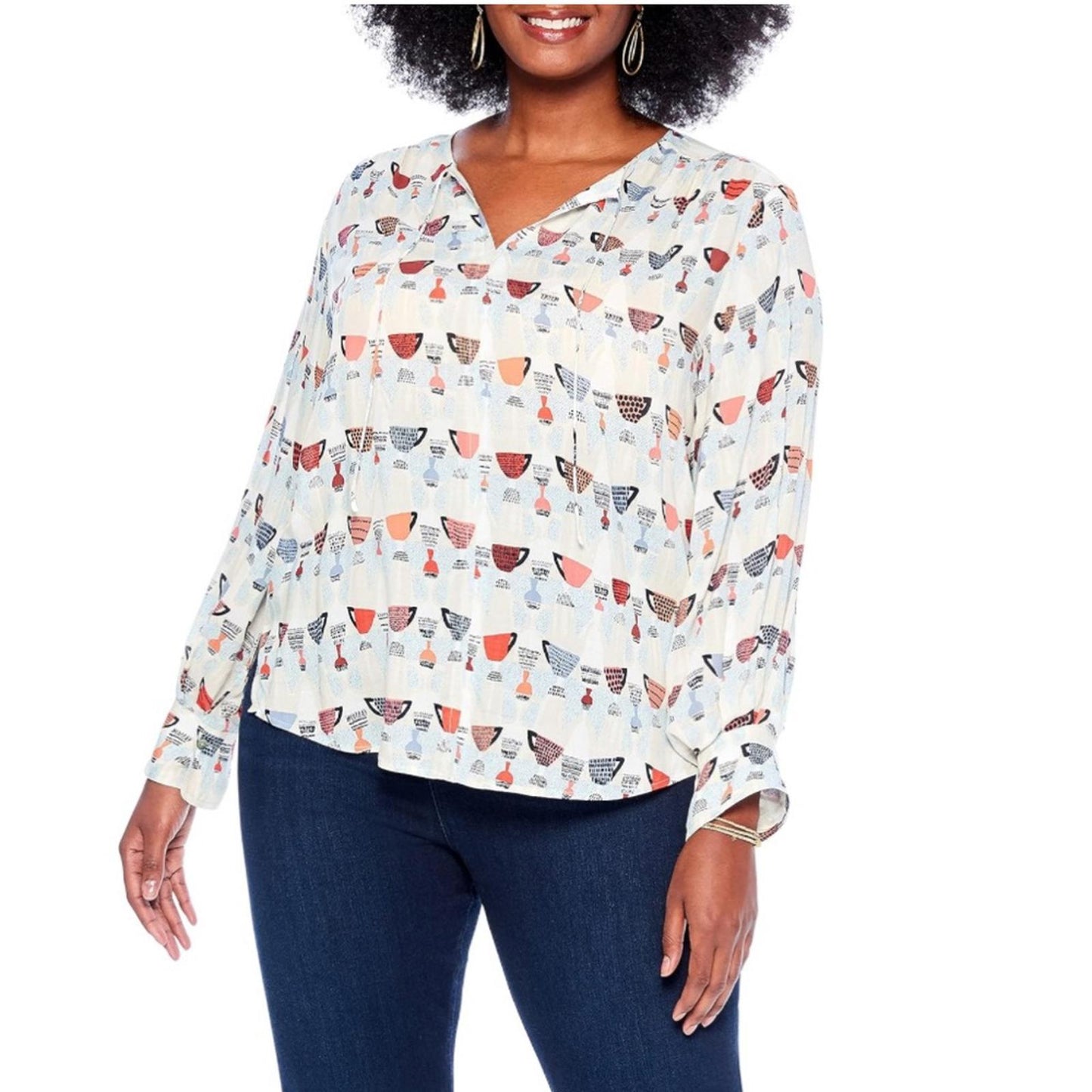 NIC+ZOE Relaxed-fit Perk Up Coffee Cup Print Blouse, Size XL New w/Tag Retail
