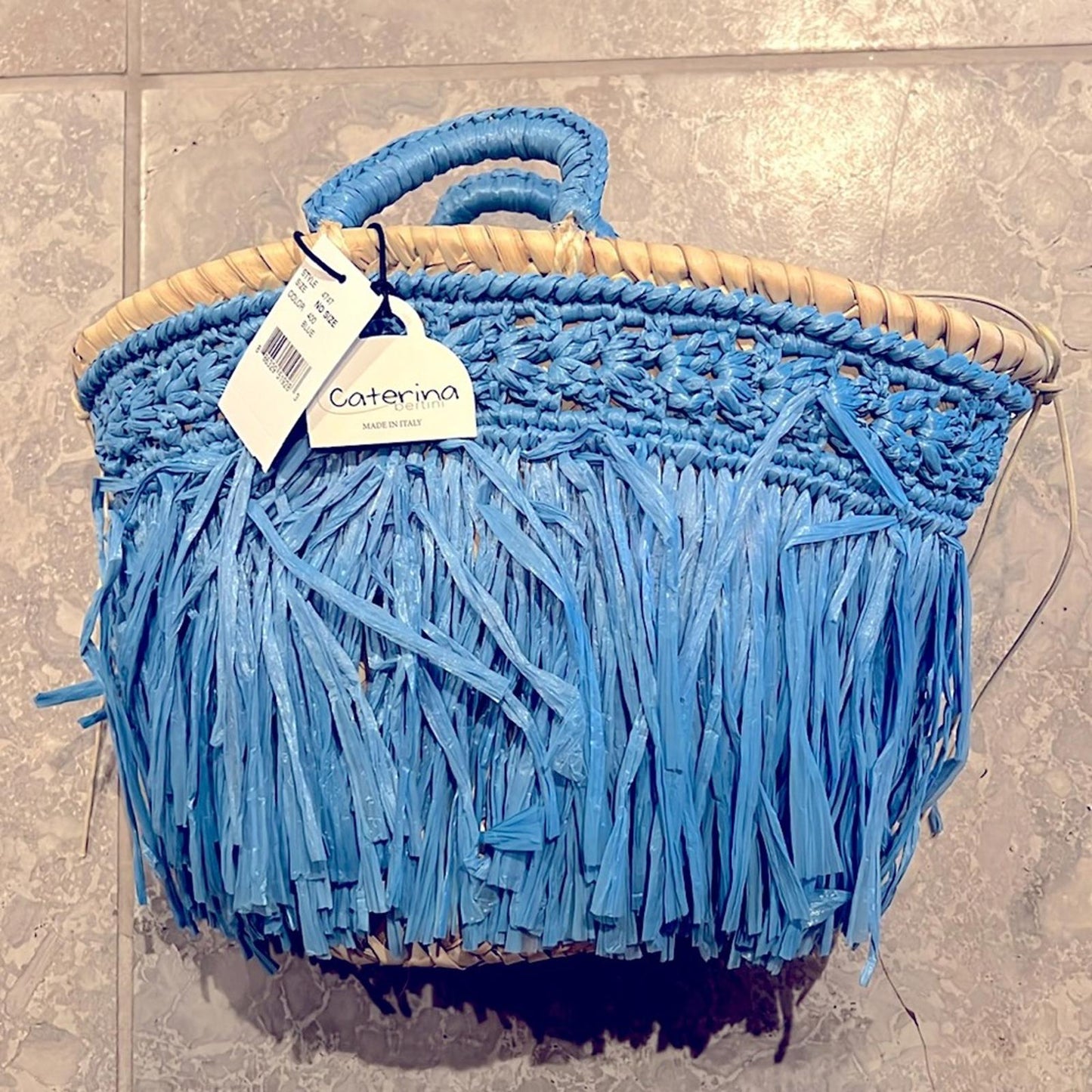 Caterina Bertini Fringe Mini Tote + Large Tote, Blue (Made in Italy) New w/Tag