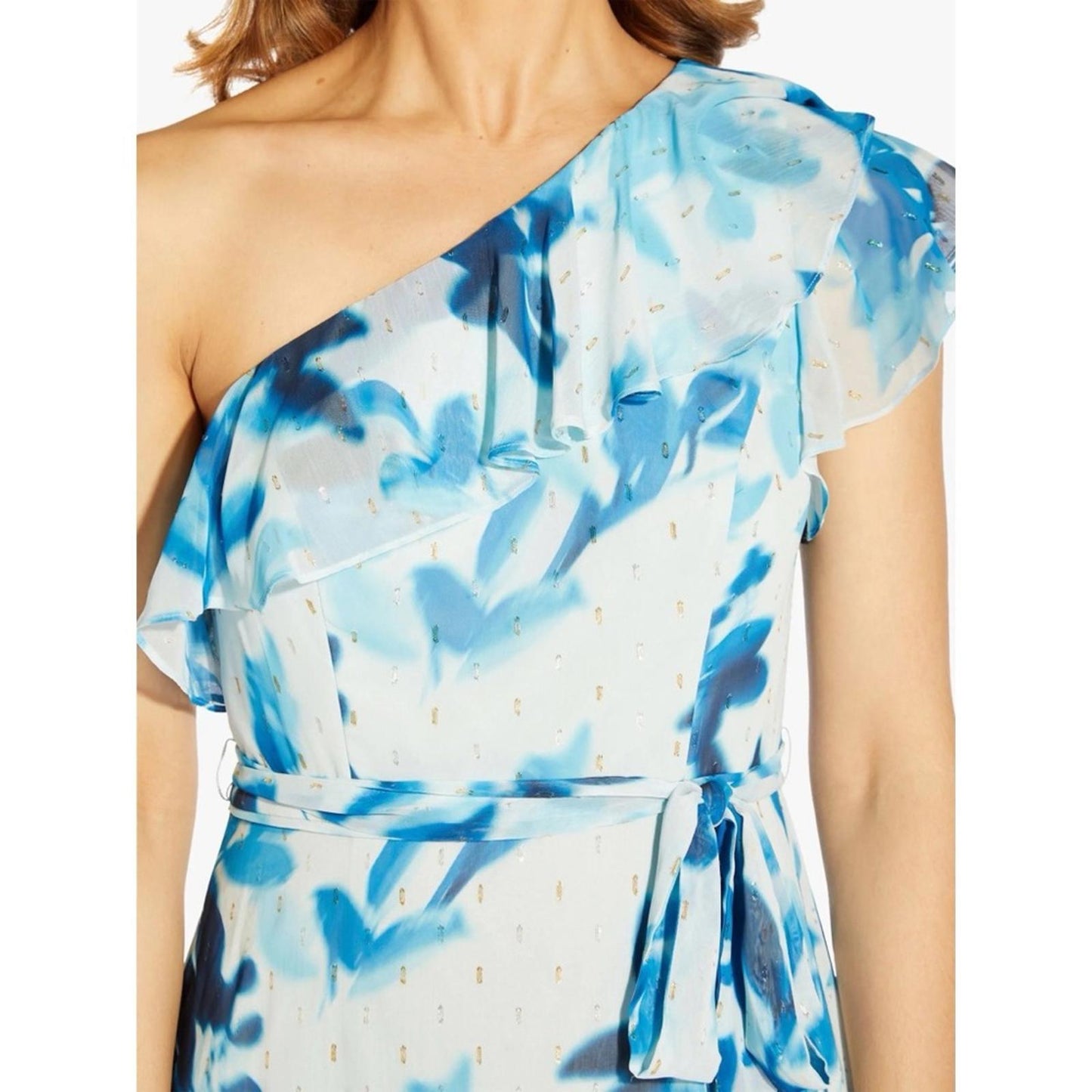 Adrianna Papell One Shoulder Floral Belted Maxi Evening Dress, Size 2 NWT $229