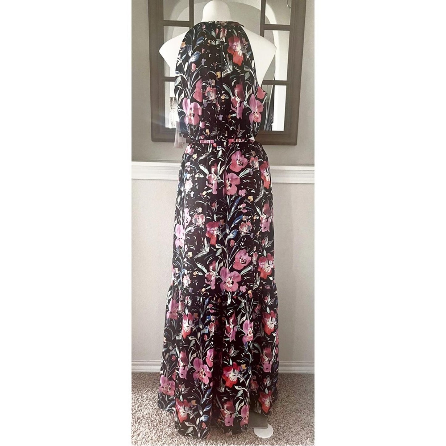 Aidan Mattox Halter Tiered Pleated Cut Out Floral Maxi Dress Size 8 NWT $220
